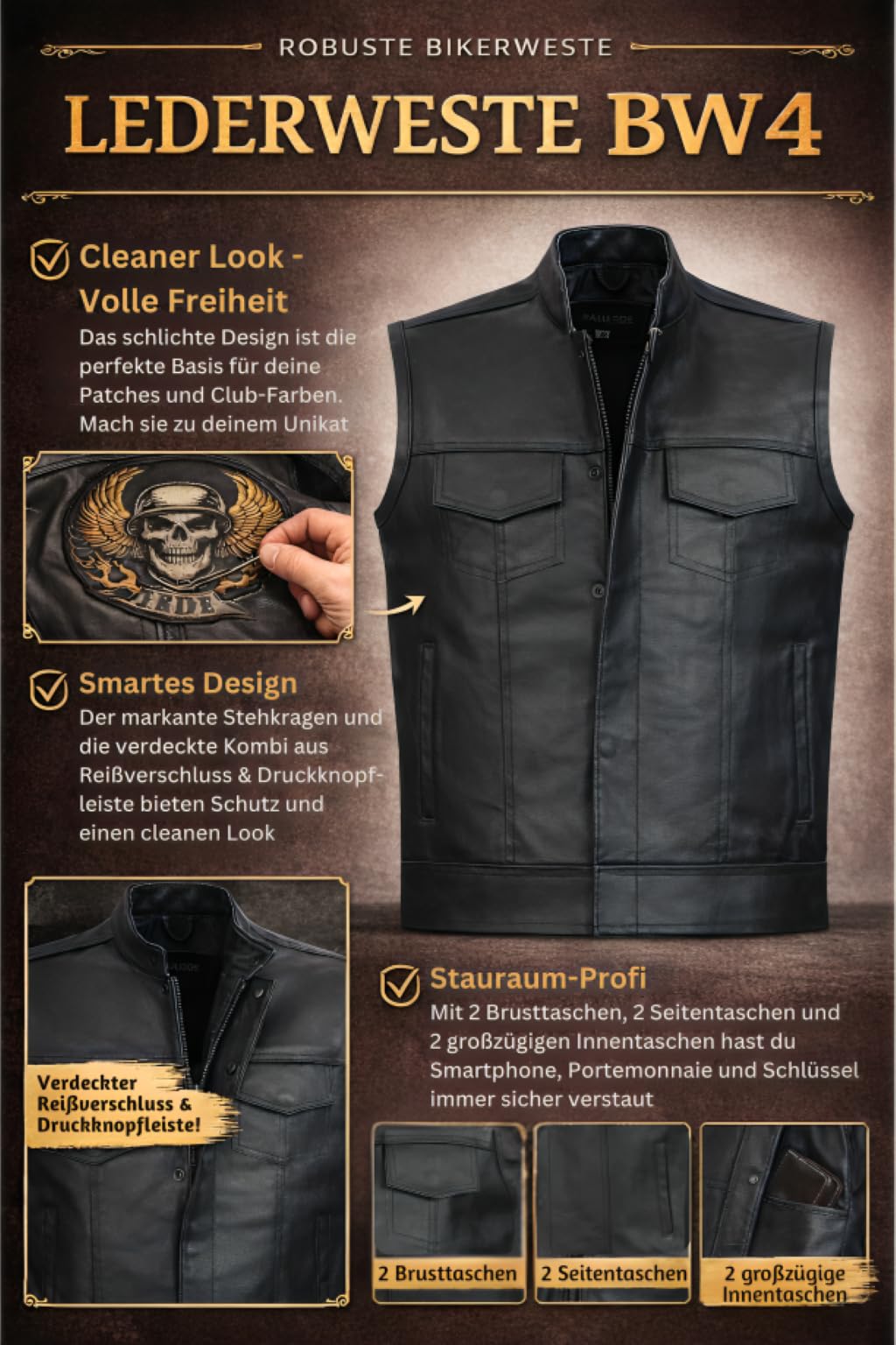 PAULGOS Lederweste Weste Kutte Leder Biker Rocker Motorrad Clubweste Bikerweste Motorradweste Schwarz BW4