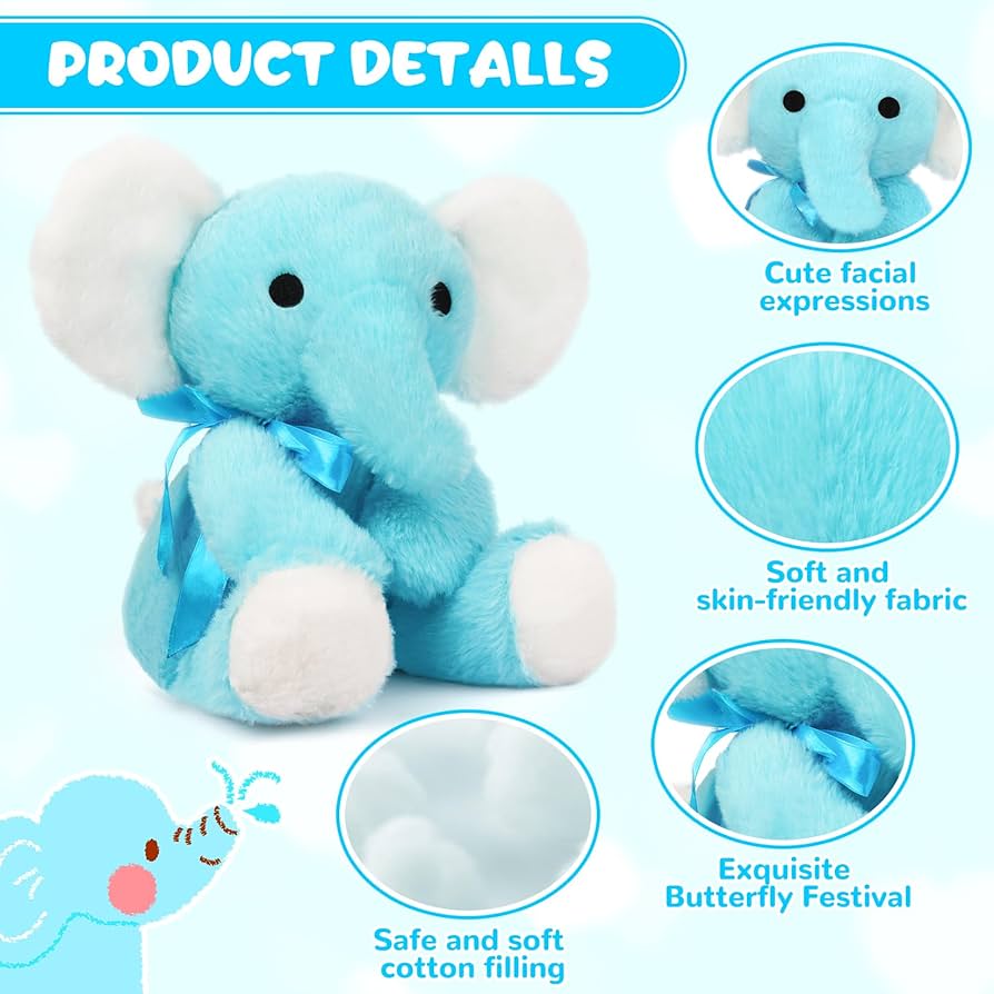 JEROKUMI Elephant Stuffed Animal Plush Toy, 9inch Blue
