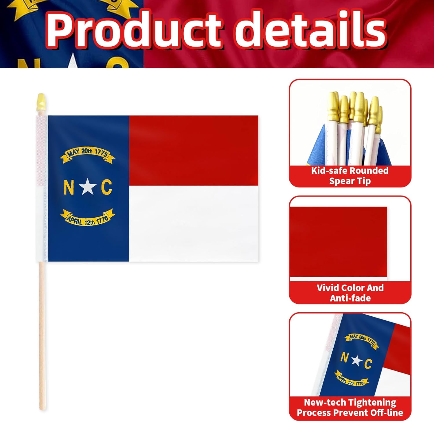 Pack of 20, Handheld North Carolina State Flags 5x8 Inch - Small NC Flags on Wood Sticks with Spear Top, Mini North Carolinian Flag for Elections, Patriotic Decorations, Independence Day Celebrations - Image 3