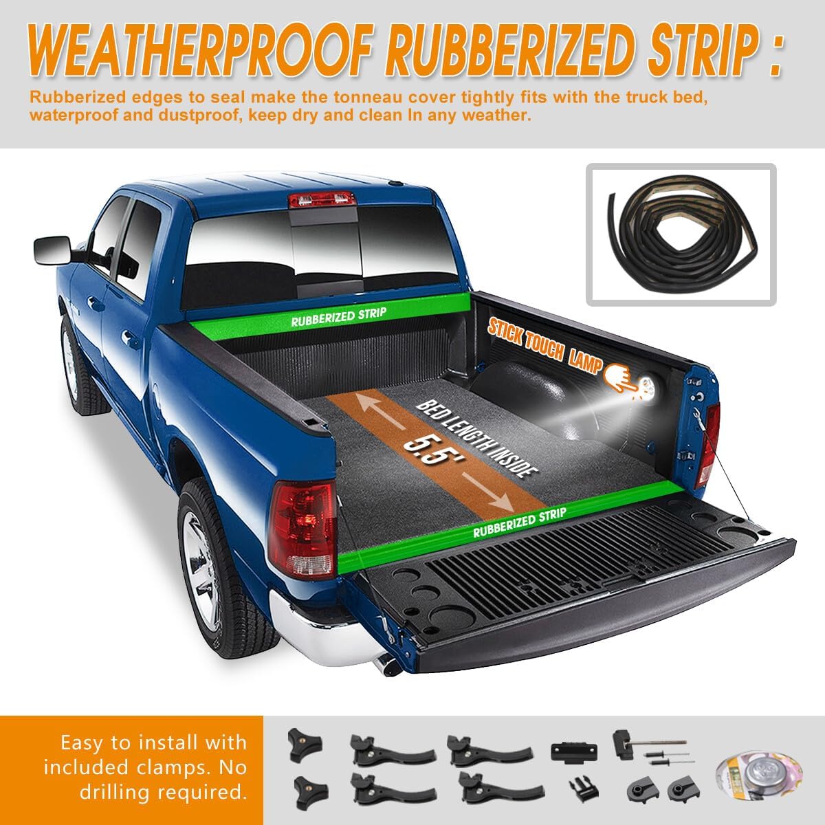 FRP Hard Solid Top Tri-Fold Truck Bed Tonneau Cover Compatible with 22-24 Toyota Tundra 5.5Ft Bed