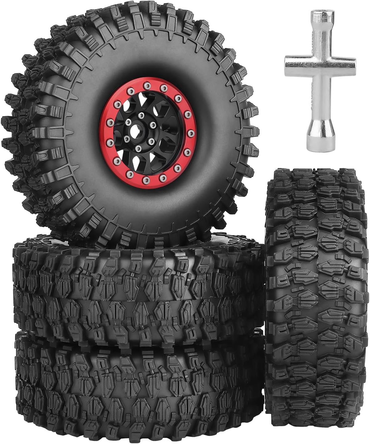 4pcs FriHobby High-Performance 1.9 Inch Beadlock Wheels and Tires Set Soft Good Grip for 1/10 Scale RC Crawler Cars Trucks Compatible with Traxxas TRX4 Axial SCX10 Redcat Gen 8 (Red Rims)