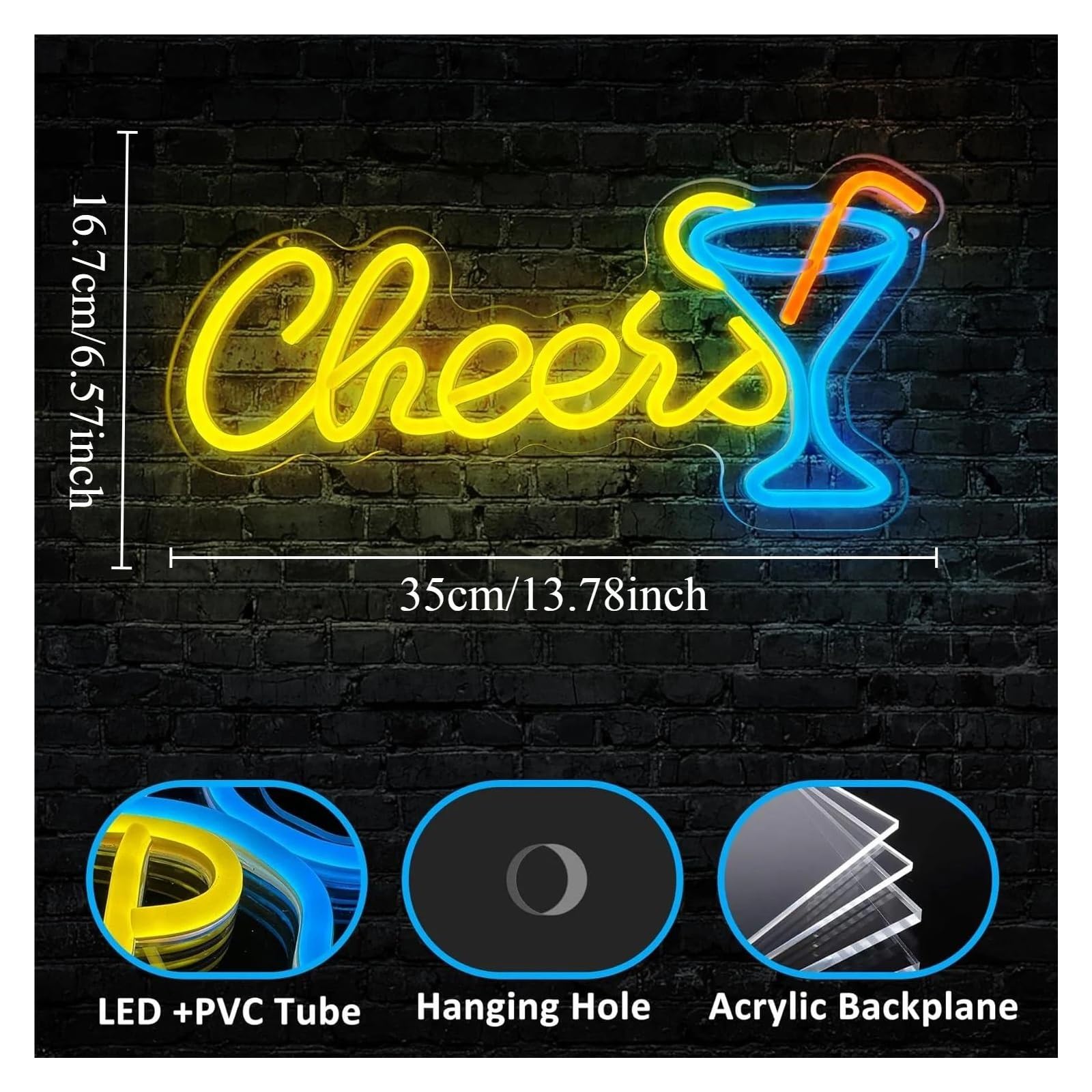 Luces de neón Letrero De Neón Cheers Con Luz Regulable Para Fiestas Bares Pubs Restaurantes Cumpleaños Decoración De Pared Lámpara Alimentada Por USB 35cmx16.7cm