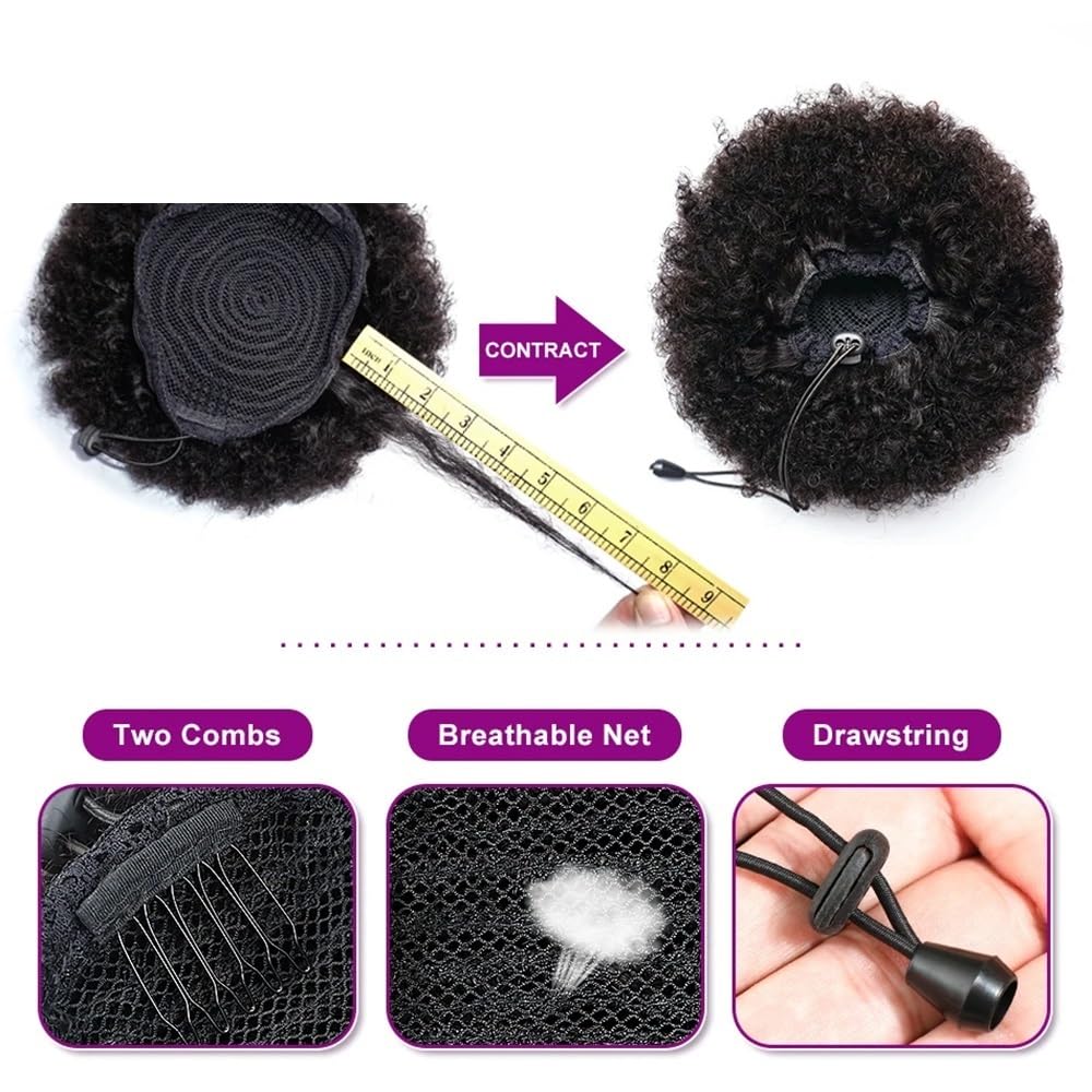 Pferdeschwanz Mit Kordelzug, Echthaar, Brasilianisches Kurzes, Lockiges Pferdeschwanz Mit Kordelzug, Afro-Puff-Dutt, Chignon-Zubehör Daily Wear(Black)
