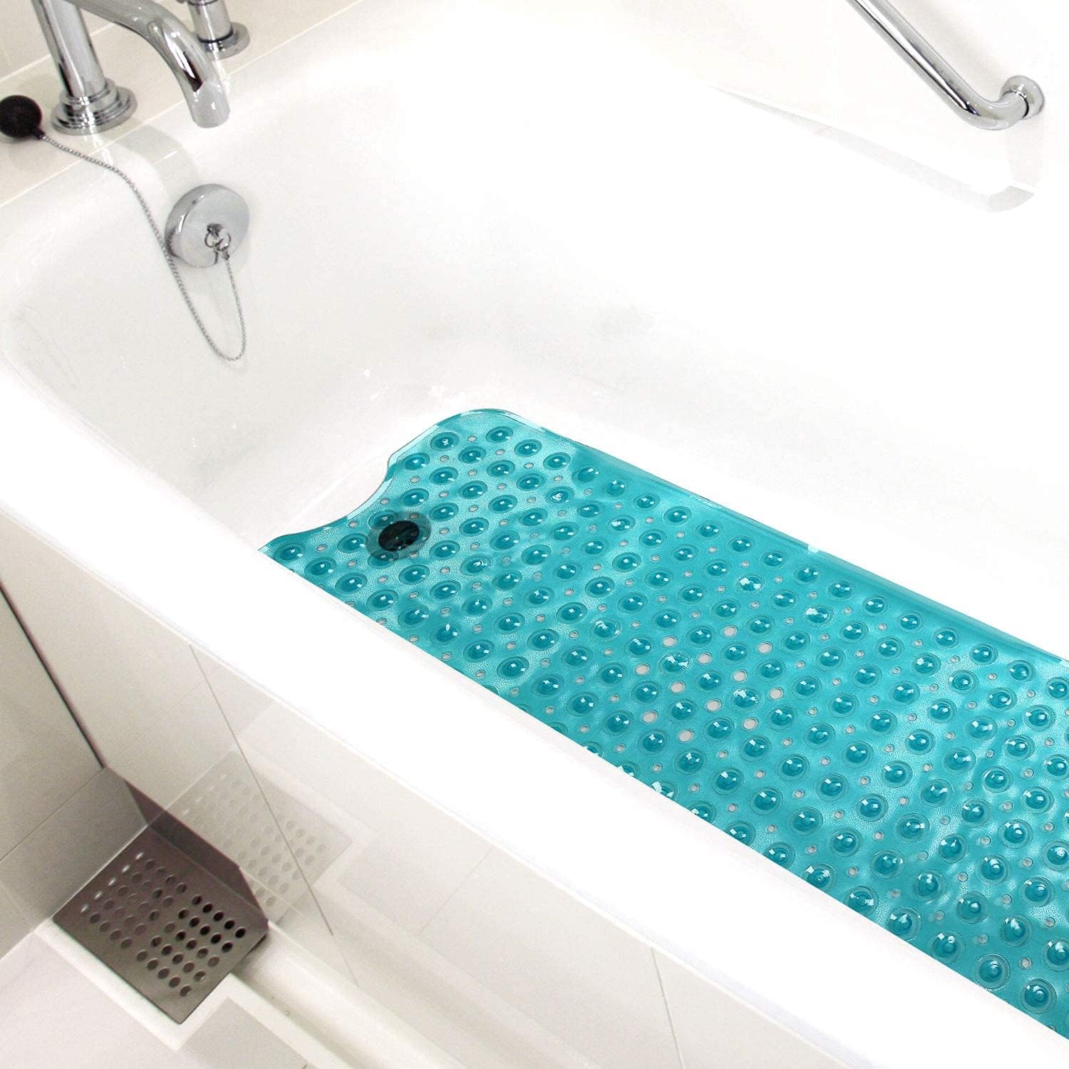 HealthSmart 18x18 Bathtub Mat, Reliable Slip Protection for Shower, BPA Free, Latex DEHP Drain Holes to Prevent Water Buildup, Blue