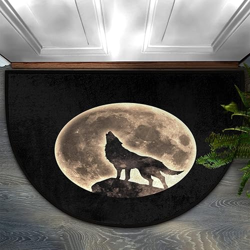 PuseTaer Tapete semicircular con diseño de lobo y luna, diseño vintage de animales, antideslizante, duradero, lavable, para interiores y exteriores,