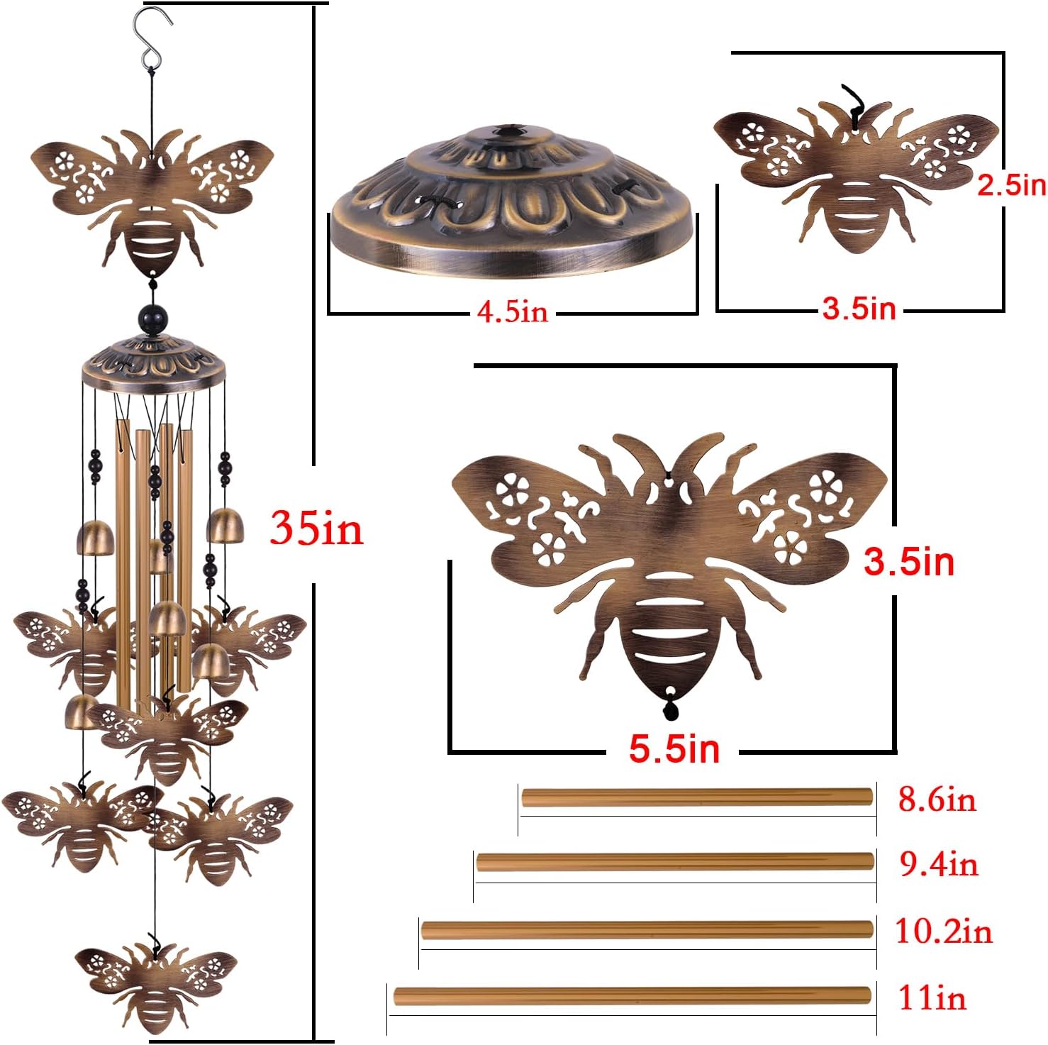 Bronze Bees Wind Chimes for Outside/Indoor/Garden/Home/Balcony/Lawn/Tree/Yard/Garden Decoration, Retro Wind Catcher, Bee Decor, Blessing Wind Bells, Memorial WindChimes Gifts for Mom, Grandma, Woman