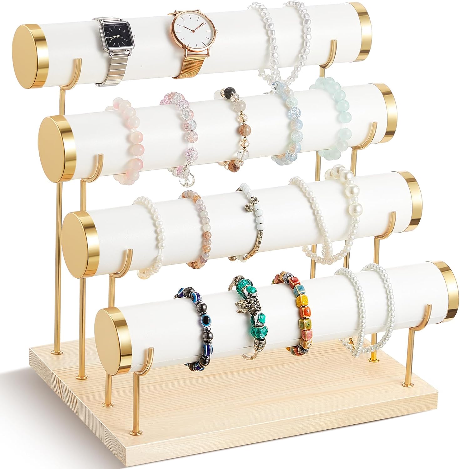 Wenqik 4 Tier Detachable Bracelet Holder Bracelet Display Stand Beige Velvet Jewelry Organizer Displays for Bangles Necklace Watches Scrunchies Hair Ties (Beige)