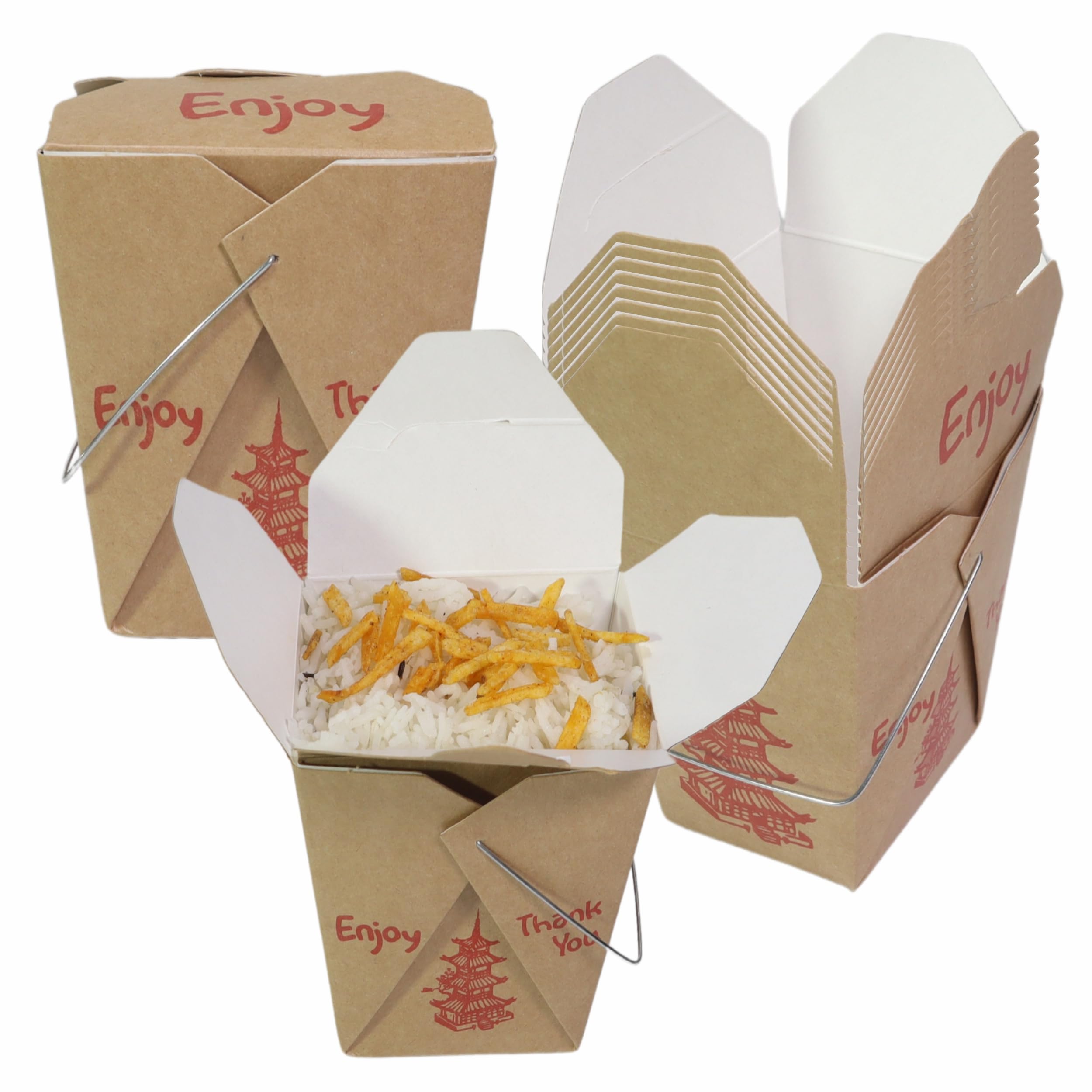 EcoQuality 64 oz Brown Asian Style Take Out Food Boxes with Wire Handle – Classic Asian-Style Paper Containers for Chinese Takeout, Leftovers, Meal Prep, and Party Favors (25)