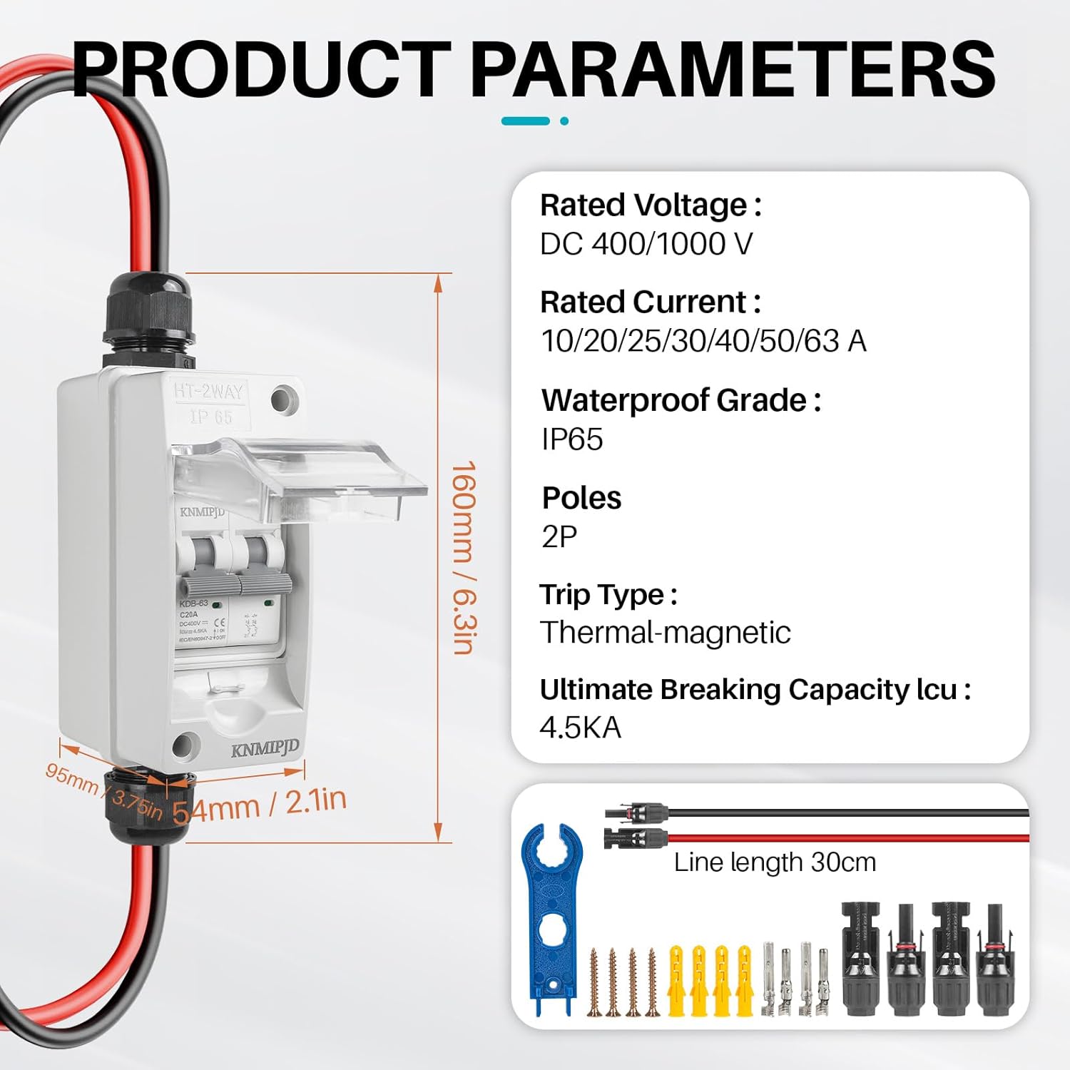 Solar Panel Disconnect Switch，400V 20Amp Solar Breaker， IP65 Outdoor Solar Breaker Box and Solar Disconnect Switch with PV Cable (400V 20Amp)