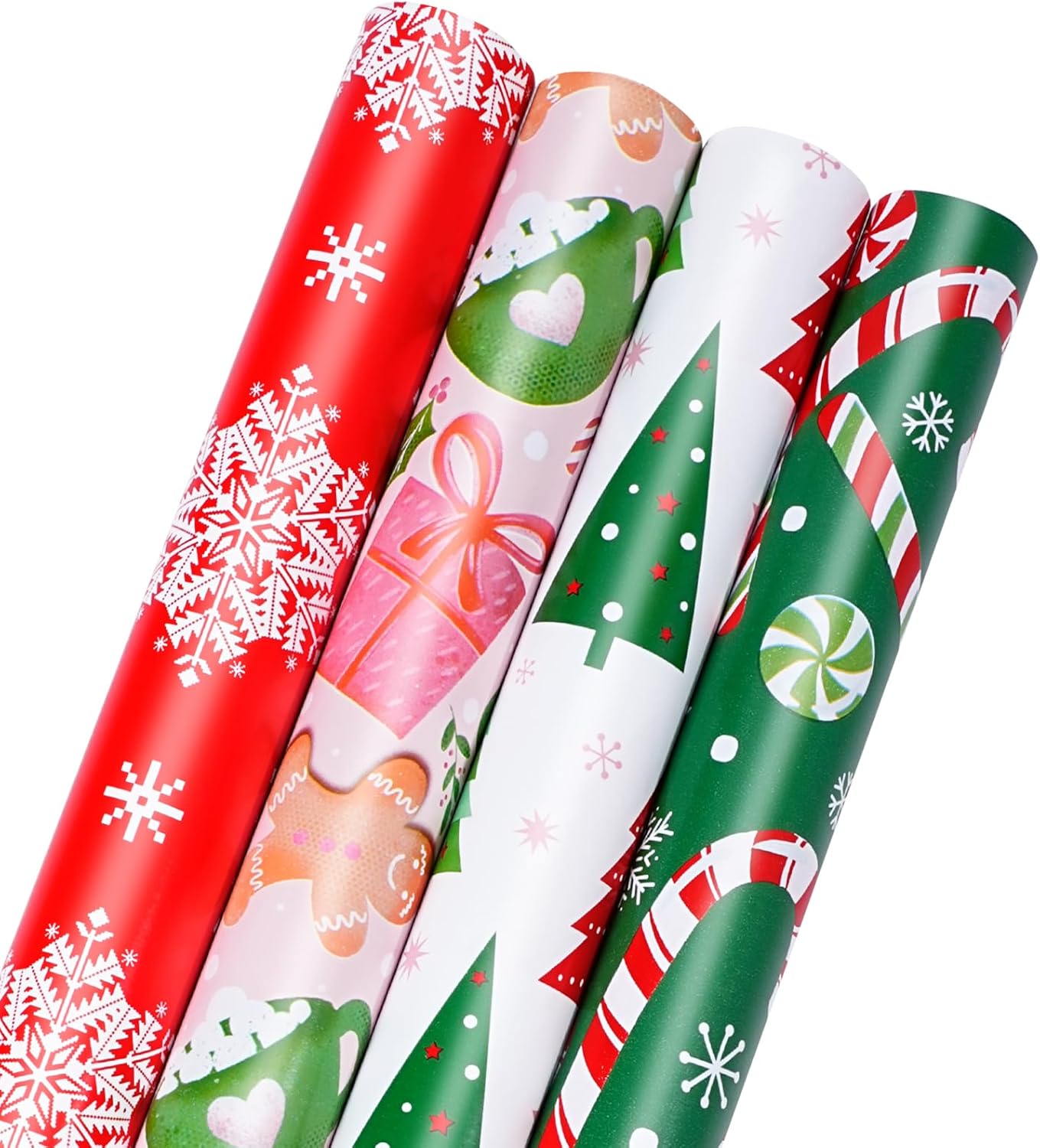 LaRibbons Christmas Wrapping Paper Set, 30 inch x 10 ft - 4 Rolls, Holiday Gift Wrap with Candy Canes, Snowflakes, Gingerbread & Winter Trees – Colorful Xmas Paper for Kids, Family, Party Gifts Christmas-Candy Cane