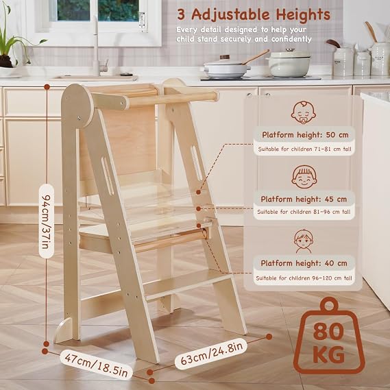 Toddler Learning Tower Foldable, Standing Tower 3-Level Adjustable Height