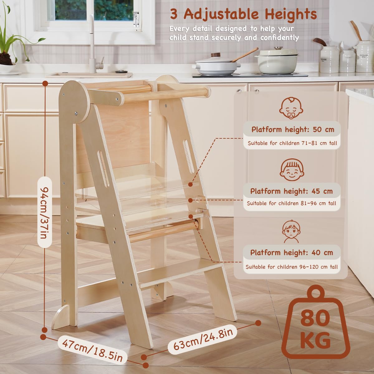 Tour d'Observation Montessori Pliable pour Enfant, Tabouret d'apprentissage | Tour d'Observation en Bois avec Tableau Noir, Aide de Cuisine Pliante et Gain de Place, avec Barrière de Sécurité