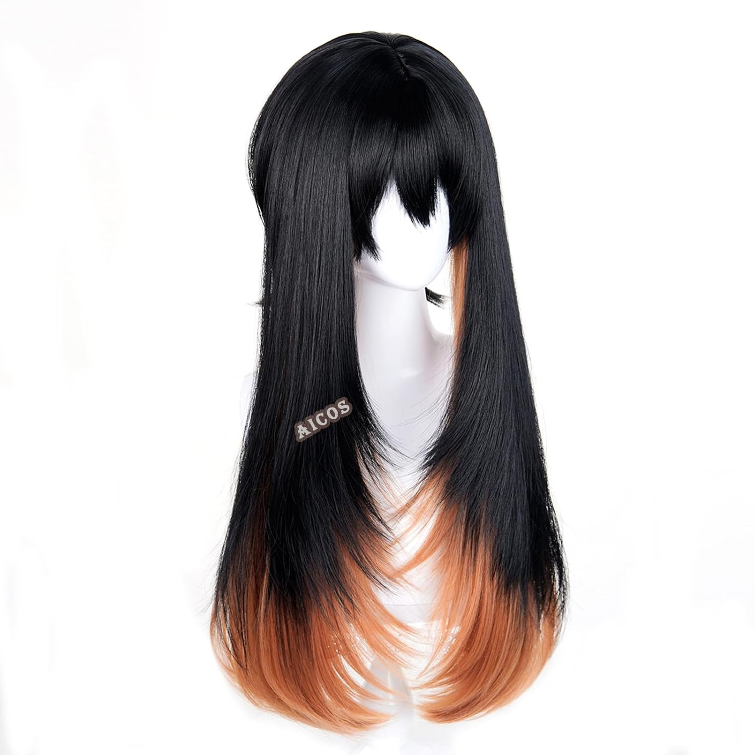 Aicos Black Orange Wig Long Straight Wig with Bangs Synthetic Heat Resistant Cosplay Wig Women Halloween Christmas + Wig Cap