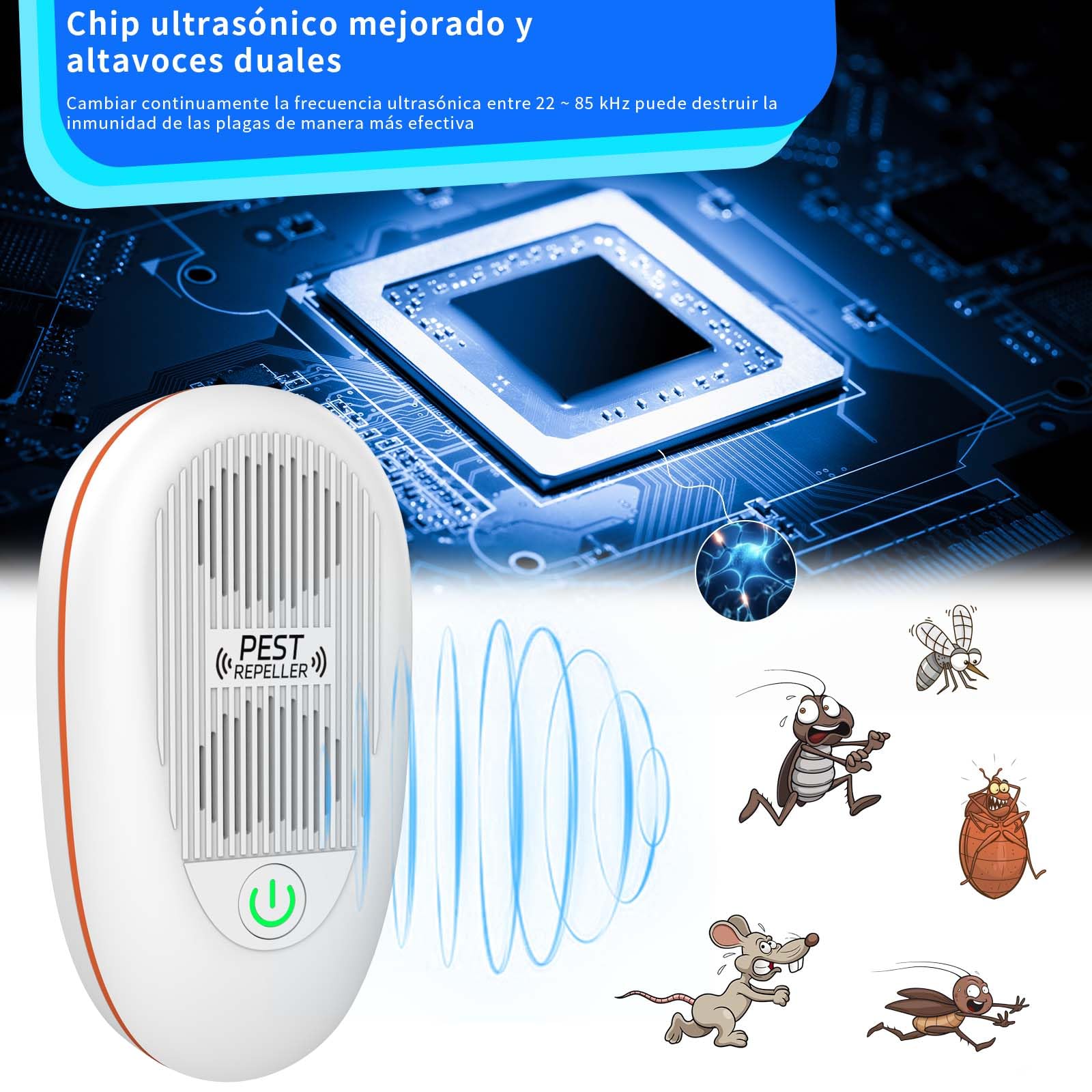 Ahuyentador de Ratas, 4 Piezas Repelente Ultrasónico de Plagas Interior, Auyentadores de Ratones Potente Ultrasonidos Cucarachas Anti Arañas Moscas Ahuyenta Mosquitos para Casa Oficina