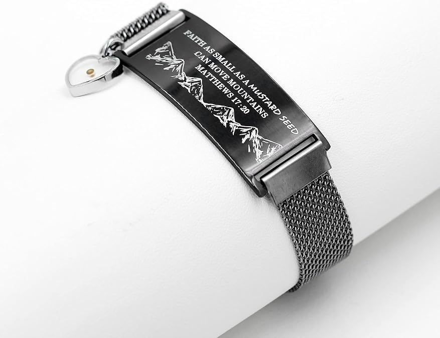 Uloveido Christian Religious Mustard Seed Faith Bangle Bracelet for Men Women, Black Stainless Steel Woven Encouragement Bracelet for Men Women Y1322