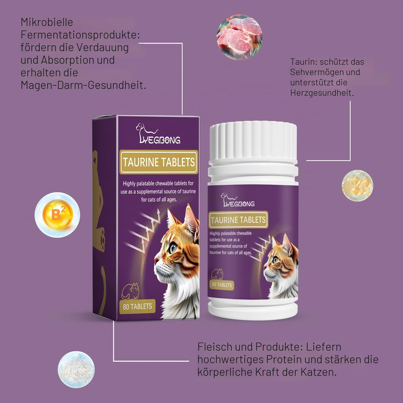 Katze Taurin Kautabletten, Multivitamin für Katzen-Ernährung, 80 Stück