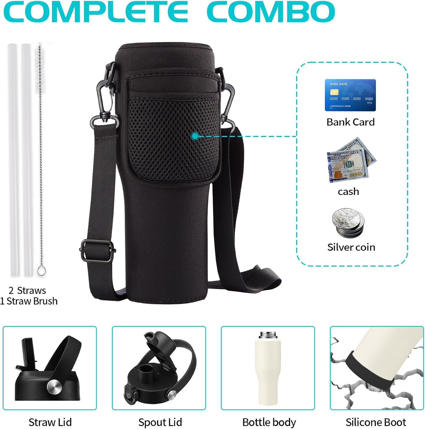 40 OZ Water-Bottle Fit Car Cup-Holder - Double Wall Vacuum Insulated Thermal with Lid and Straw, Stainless Steel Cup 40oz with Carrying Case, for Travel Drive - Image 5