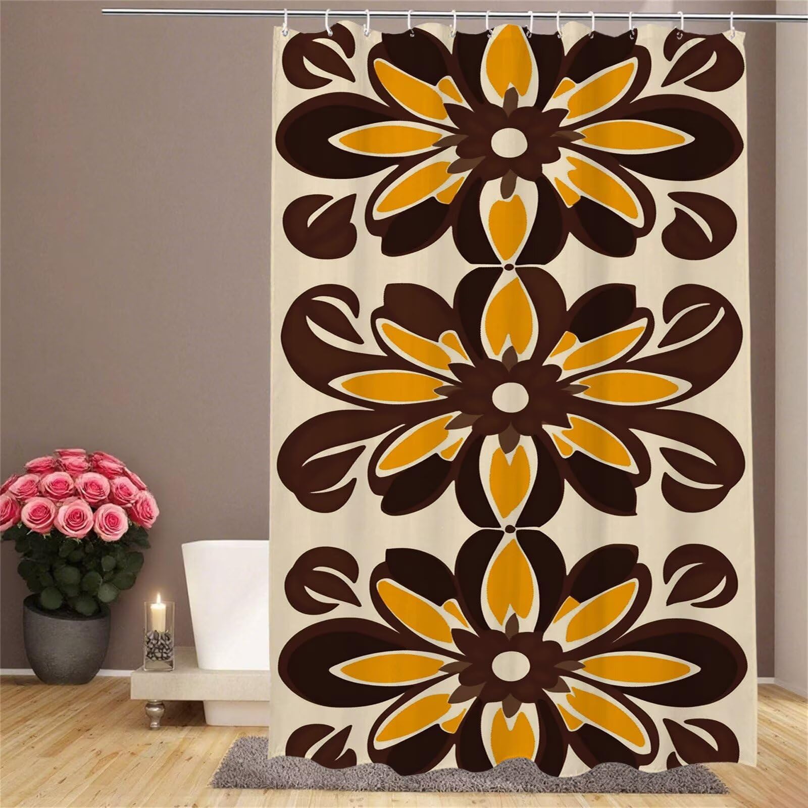 Rideau de douche crème 120x180cm à motif fleur en polyester lavable avec 12 crochets