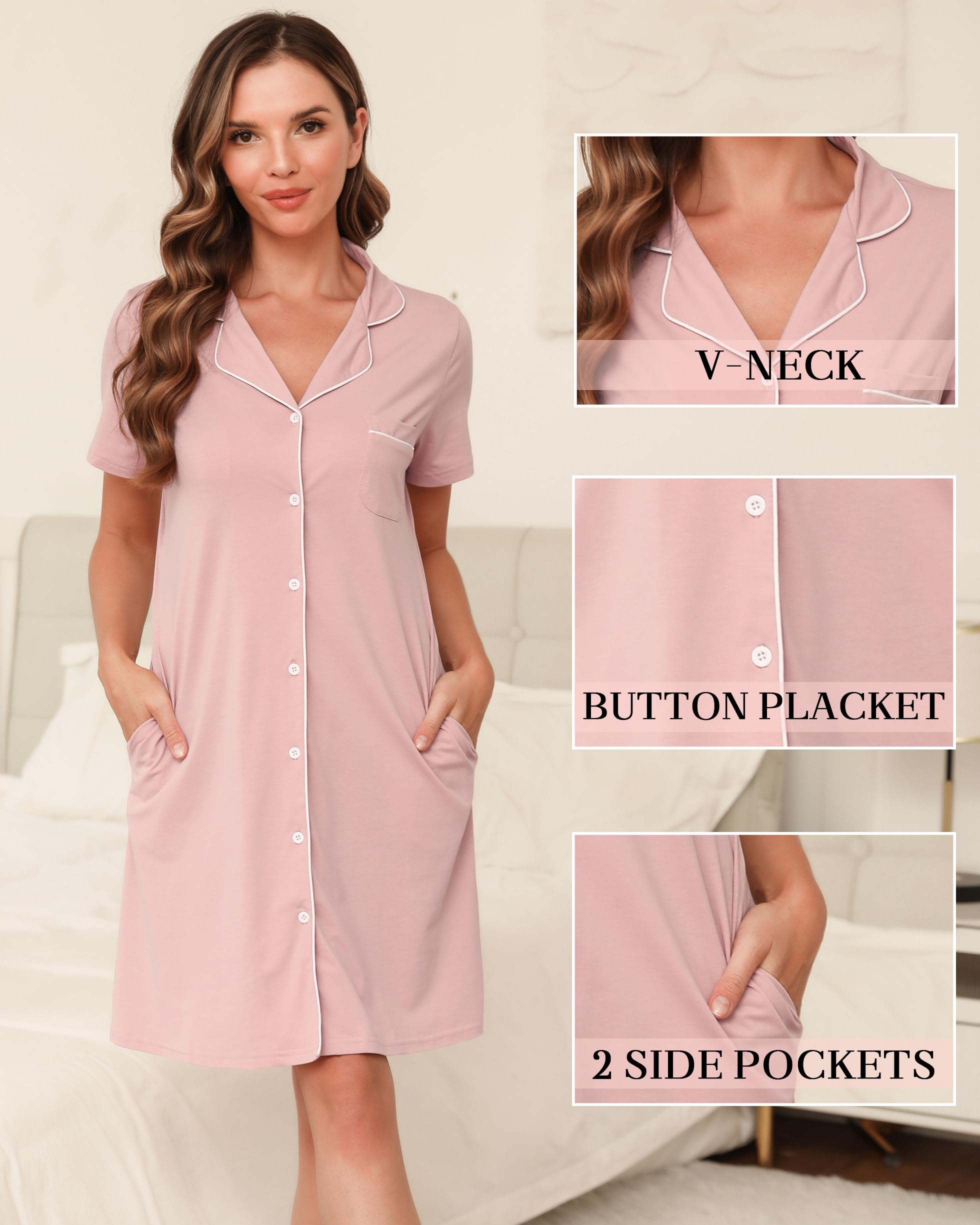 Vlazom Camicie da Notte Donna in Cotone Estiva Scollo a V a Manica Corta Bottoni Davanti