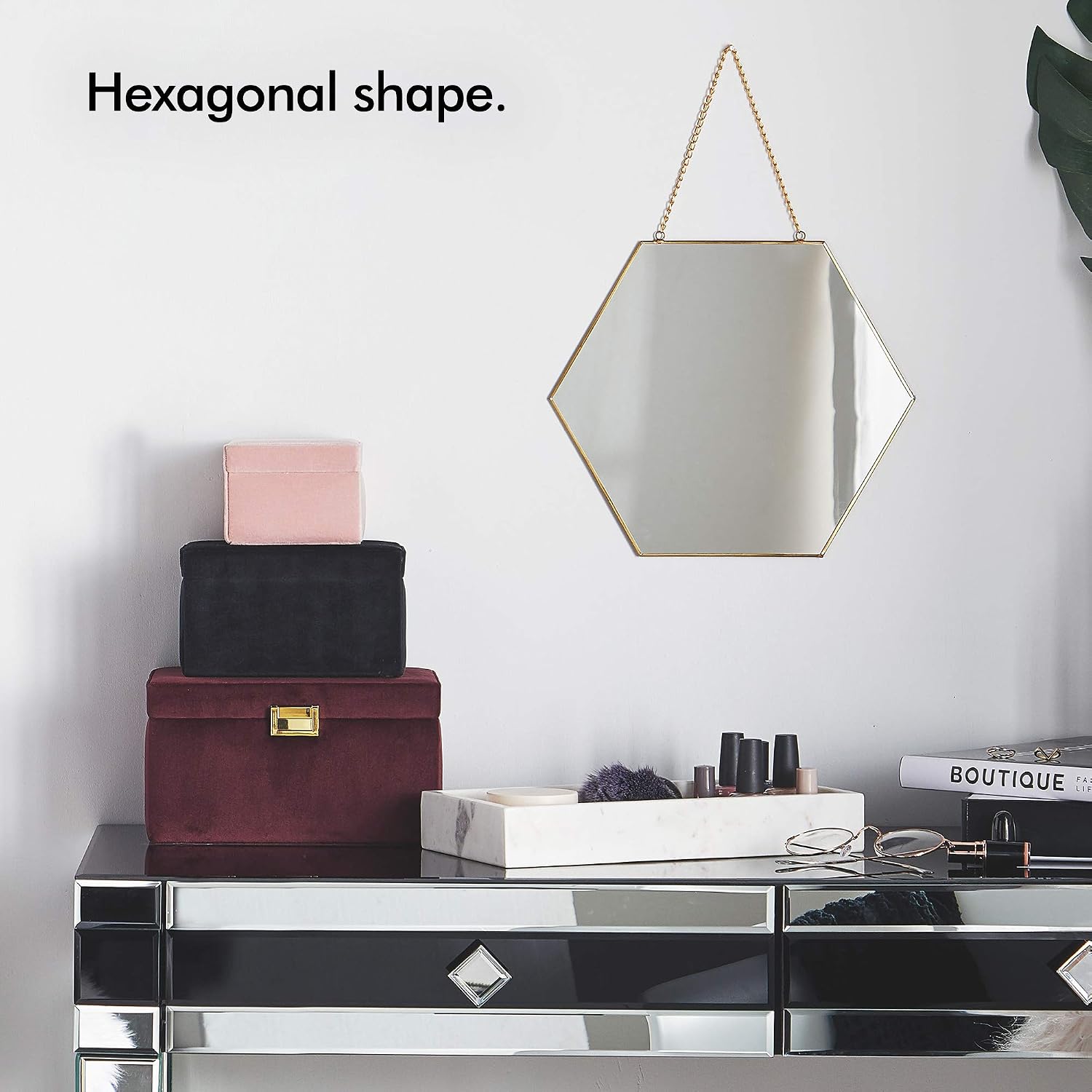 Beautify Small Hexagon Wall Mirror Decorative Vanity Mirror with Hanging Chain and Brass Finish for Living Room, Bedroom, Bathroom and Dining Room 12-Inch