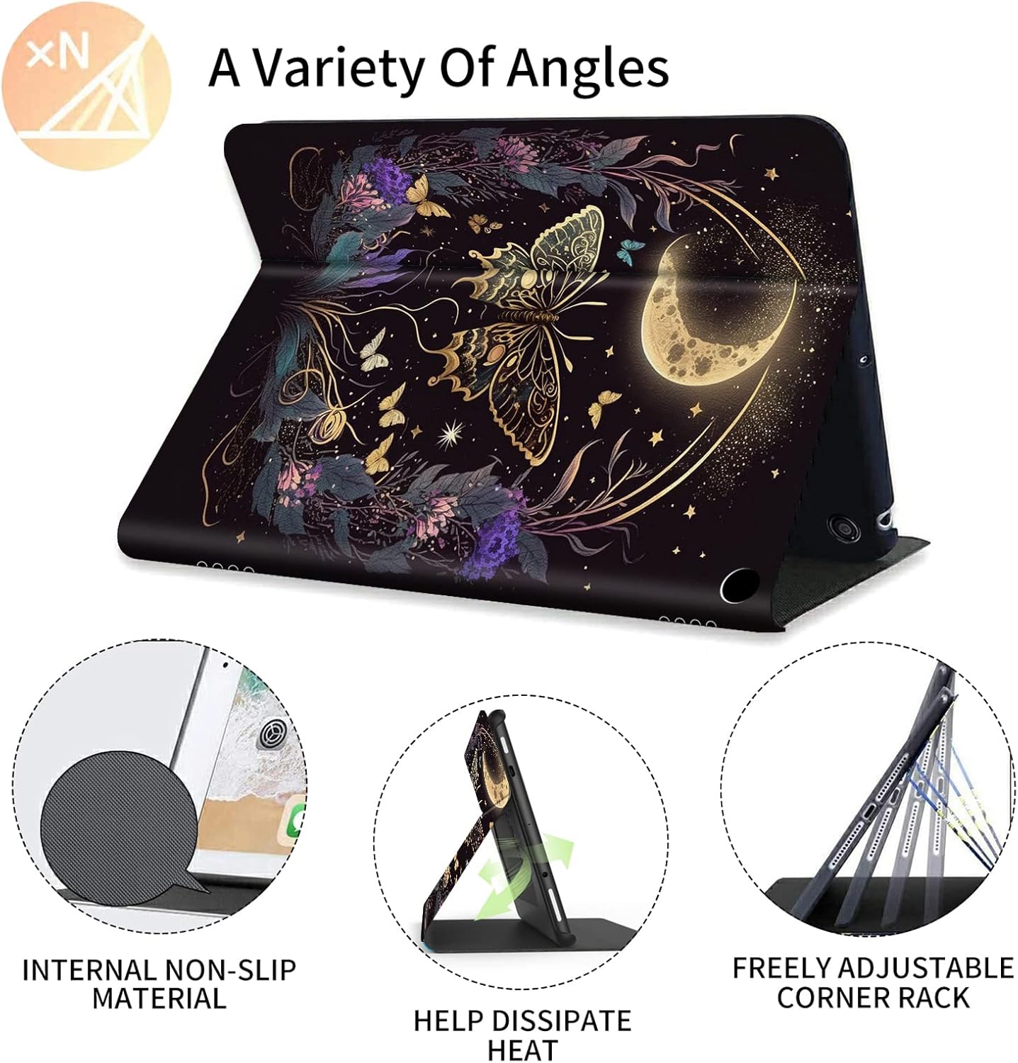 FUYOCWE for Amazon Fire HD 10/10 Plus Tablet Case (13th/11th Generation,2023/2021 Release,10.1"), PU Leather Slim Multi-Angle Folding Stand Cover w/Auto Sleep/Wake-Butterfly Flowers & Gold Moon