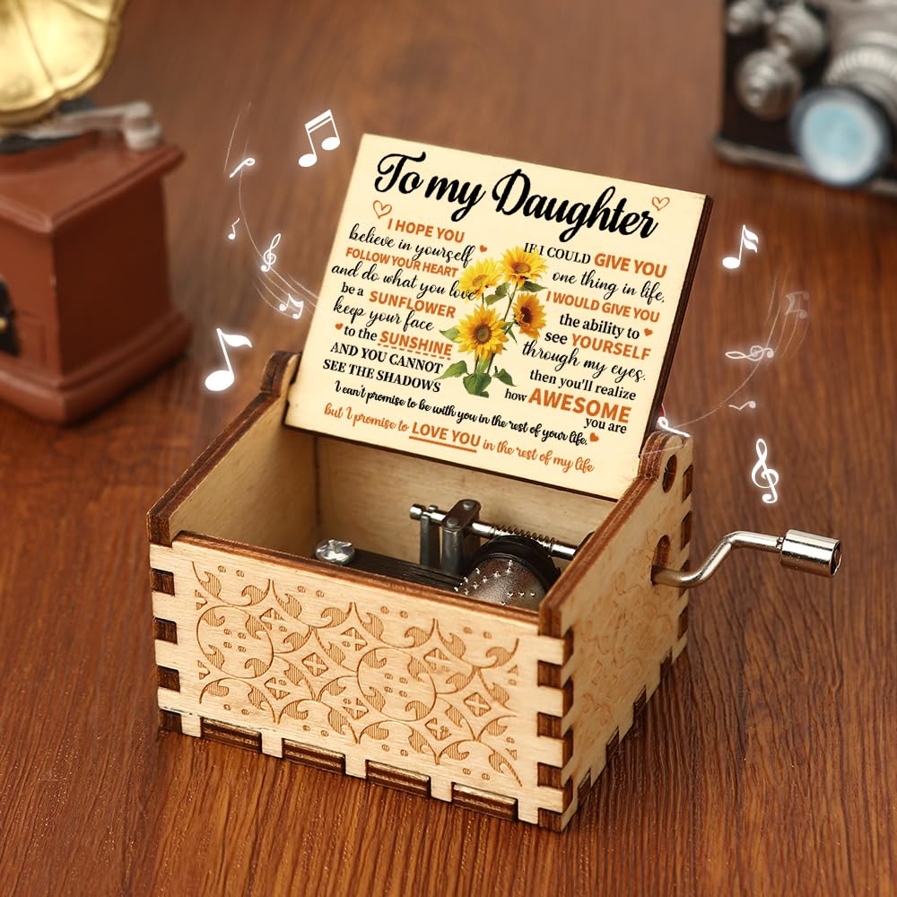 Gifts for Daughter You Are My Sunshine Music Box for Girls Teens Wooden Music Boxes Hand Crank to My Daughter Gifts from Mom Dad Sunflower Christmas Mothers Day Birthday Gifts for Adult Daughter