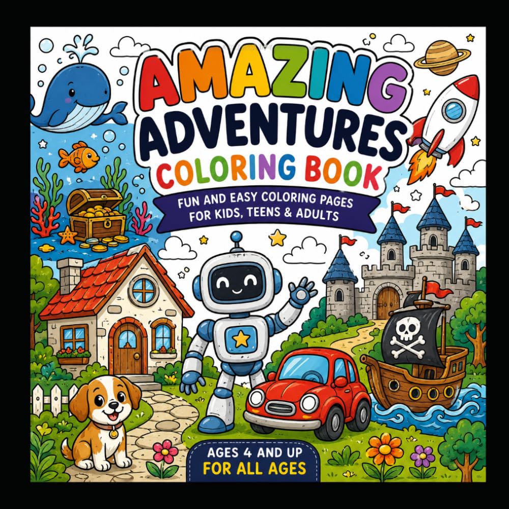 Amazing Adventures Coloring Book: Fun and Easy Coloring Pages for Kids, Teens & Adults | Cute Houses, Animals, Robots, Cars, Ocean, Space and More