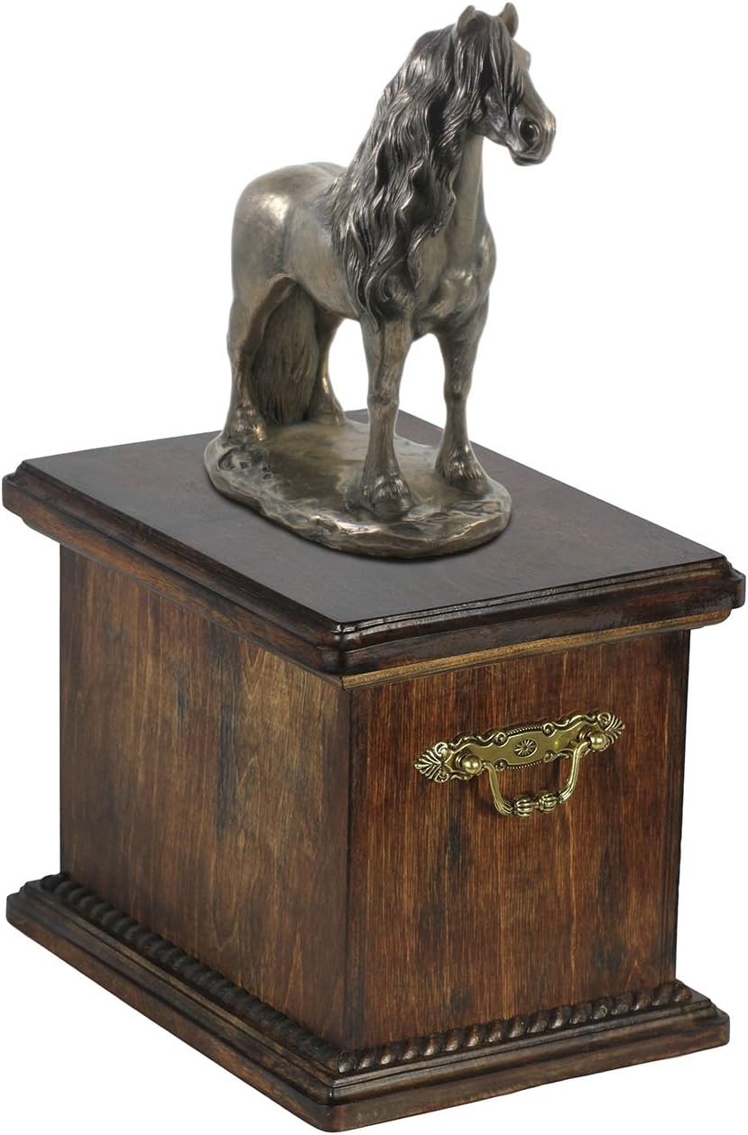 Art-Dog Handmade Urn for Horse Ashes - Cold Cast Bronze Statue - Custom Cremation Box - Durable Wooden Pet Memorial Urn - 46,5x29x21cm – Friesian Stallion