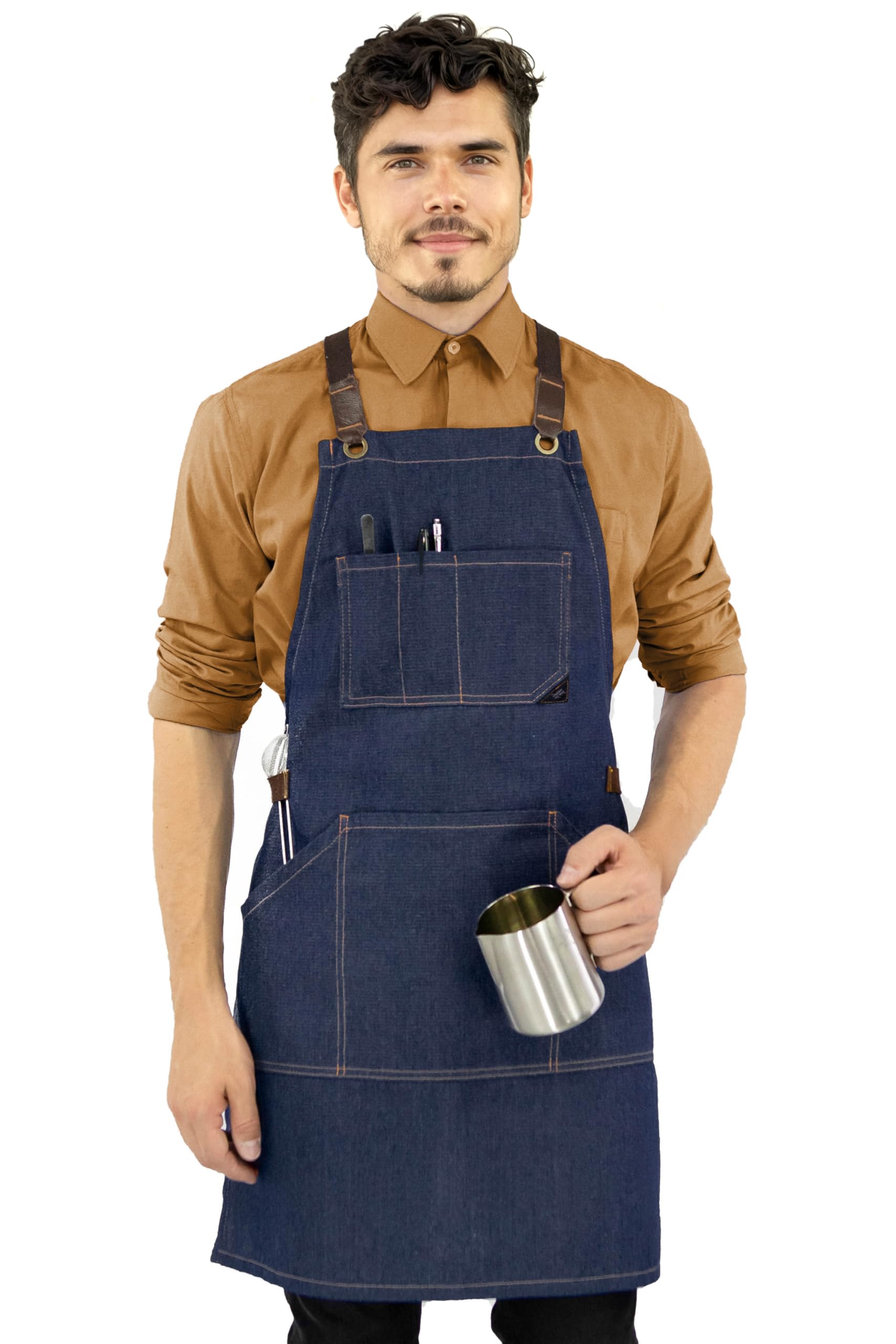 Under NY Sky Essential Blue Denim Apron – Cross-Back with Leather Reinforcement – Adjustable for Men and Women – Pro Chef, Tattoo Artist, Baker, Barista, Bartender, Server Aprons