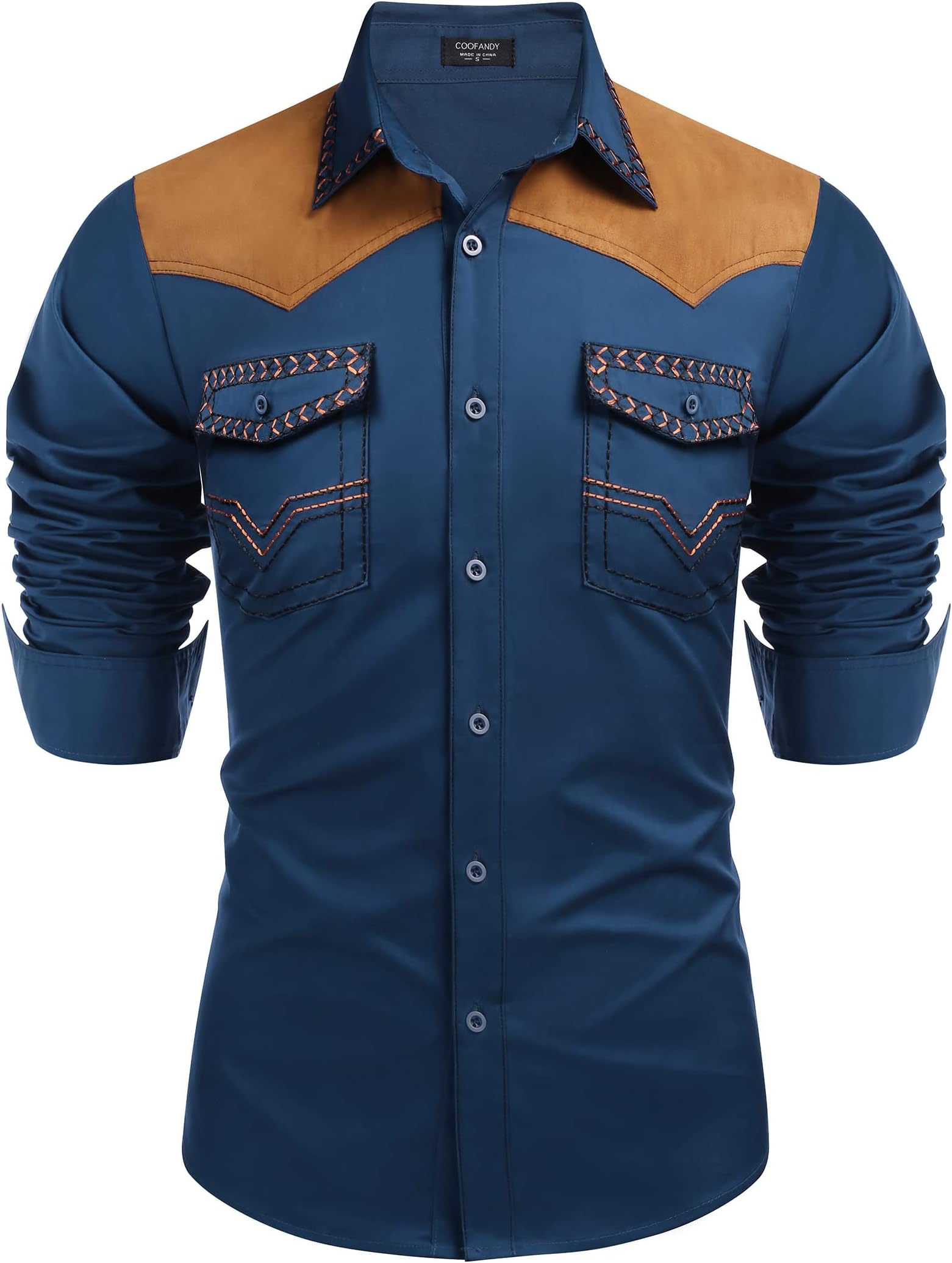 Men's Western Cowboy Shirt Embroidered Long Sleeve Slim Fit Casual Cotton Button Down Hippie Shirts with Pockets