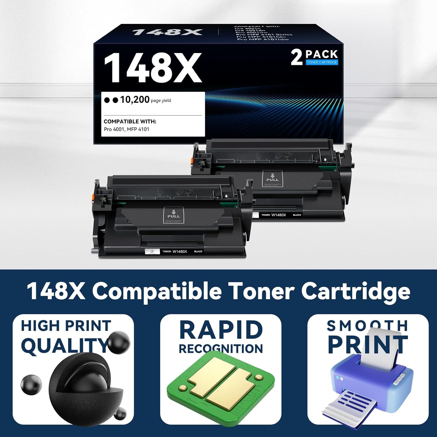 148X W1480X Black Toner Cartridge Compatible (with Chip) Replacement for hp 148A 148X Toner Works with HP Pro 4001n 4001dn 4001dw MFP 4101 4101fdw 4101fdn Printer Ink High-Yield (2-Pack)