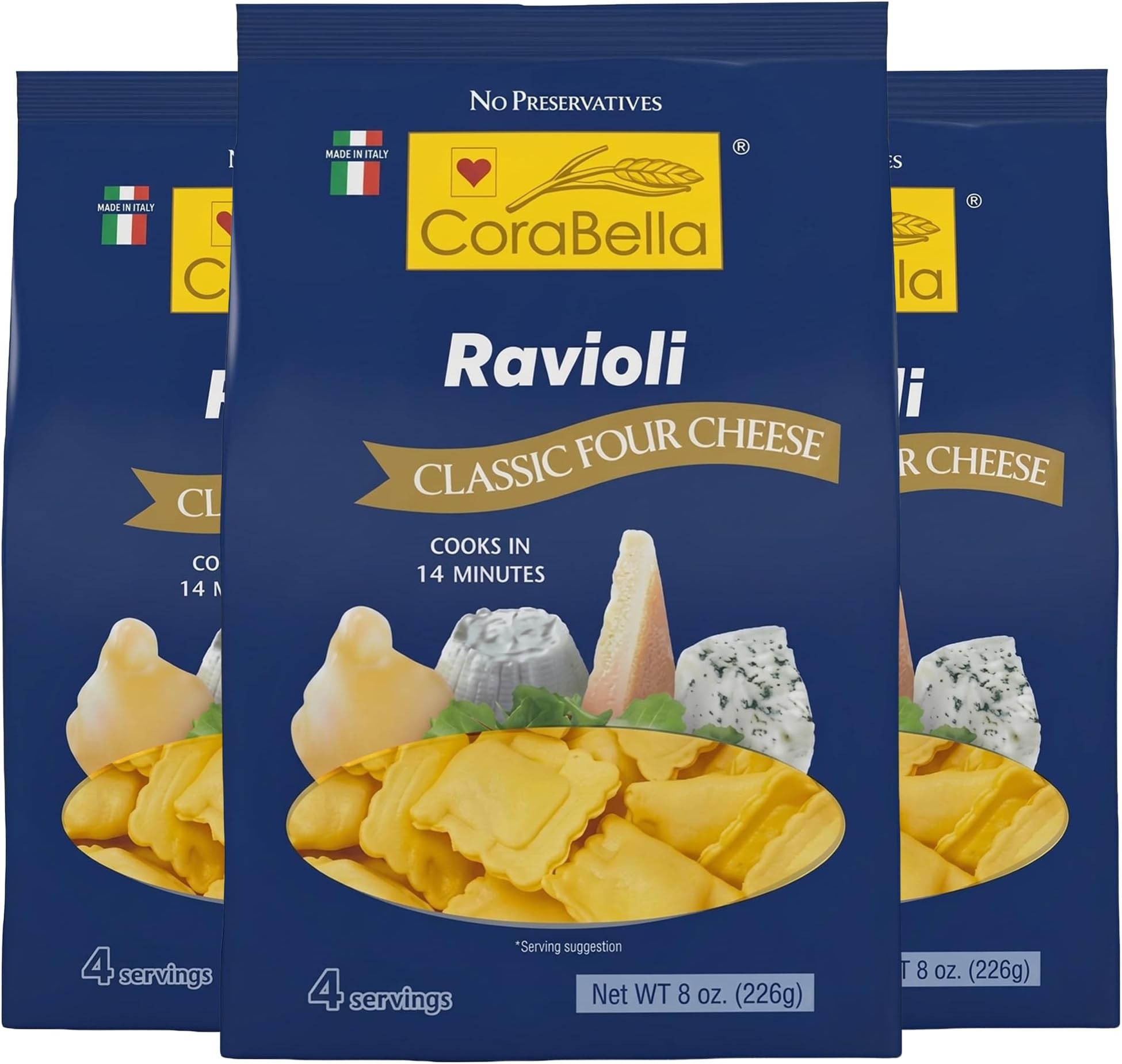 Corabella Four Cheese Ravioli, 3 Pack – Authentic Italian-Style Pasta Filled with Ricotta, Parmesan, Romano & Mozzarella – Easy 14-Minute Meal, Serve with Your Favorite Sauce