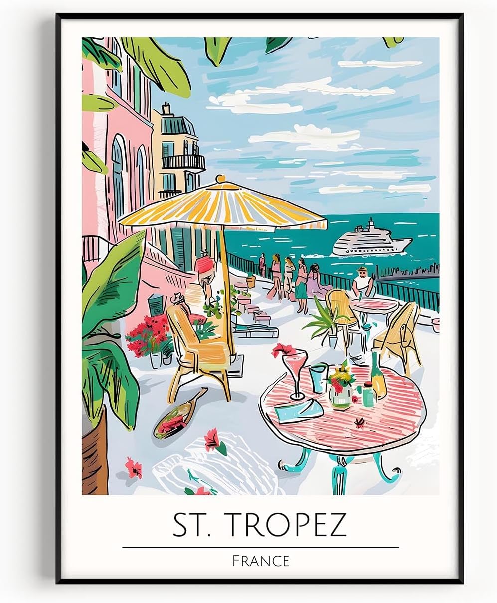 St. Tropez Travel Poster, Premium Giclee Fine Art Prints - Modern Watercolor Aesthetic Wall Art Decoration, Eclectic Trendy Boho Poster Collage Aesthetic Print for Home Decor, Ready to Frame