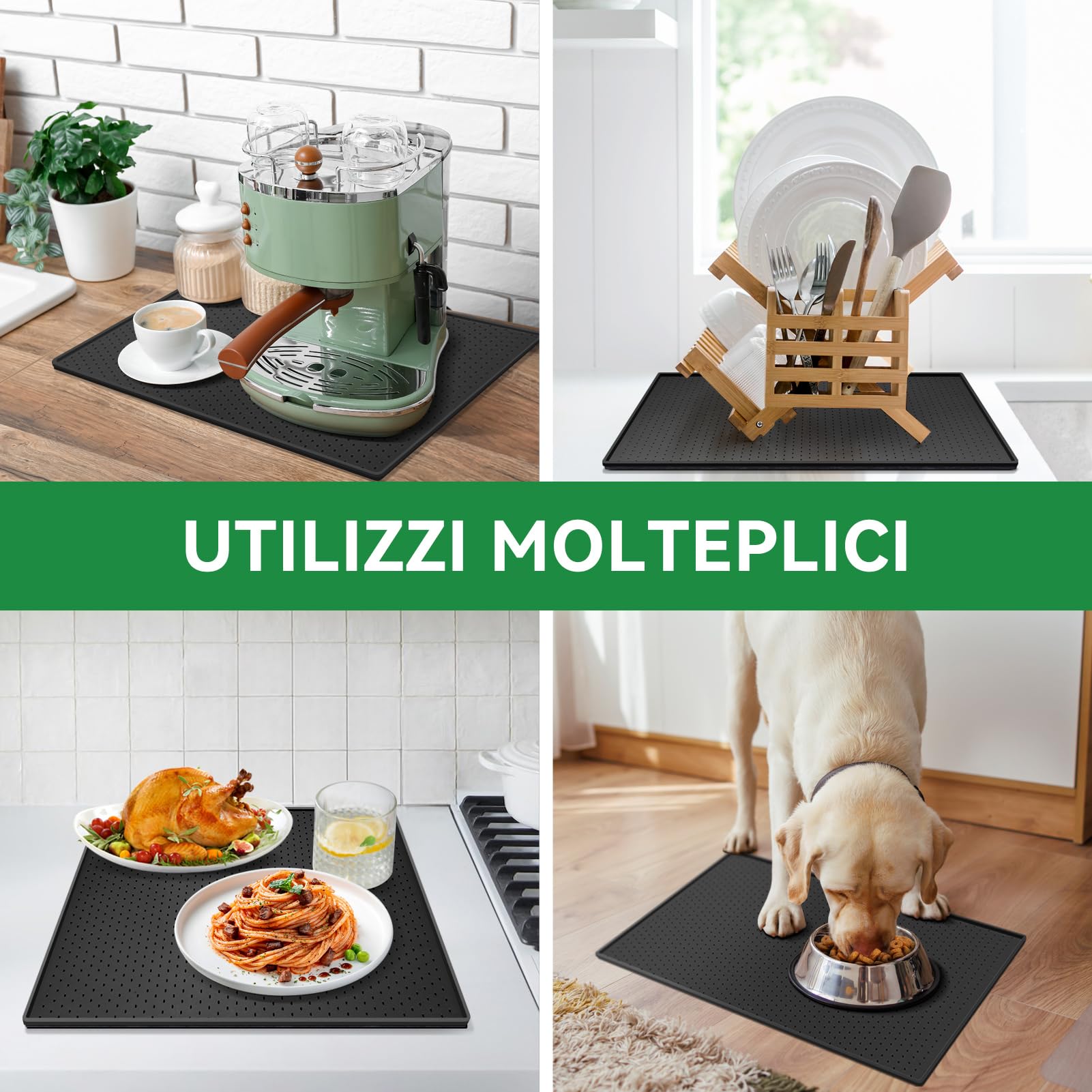 Tappetino per Macchina da Caffè, Tappetino in Silicone 48x30cm con Bordo Rialzato, Protezione Piano di Lavoro, Compatibile con De Longhi Magnifica, Philips LatteGo, Siemens EQ6 (Nero)