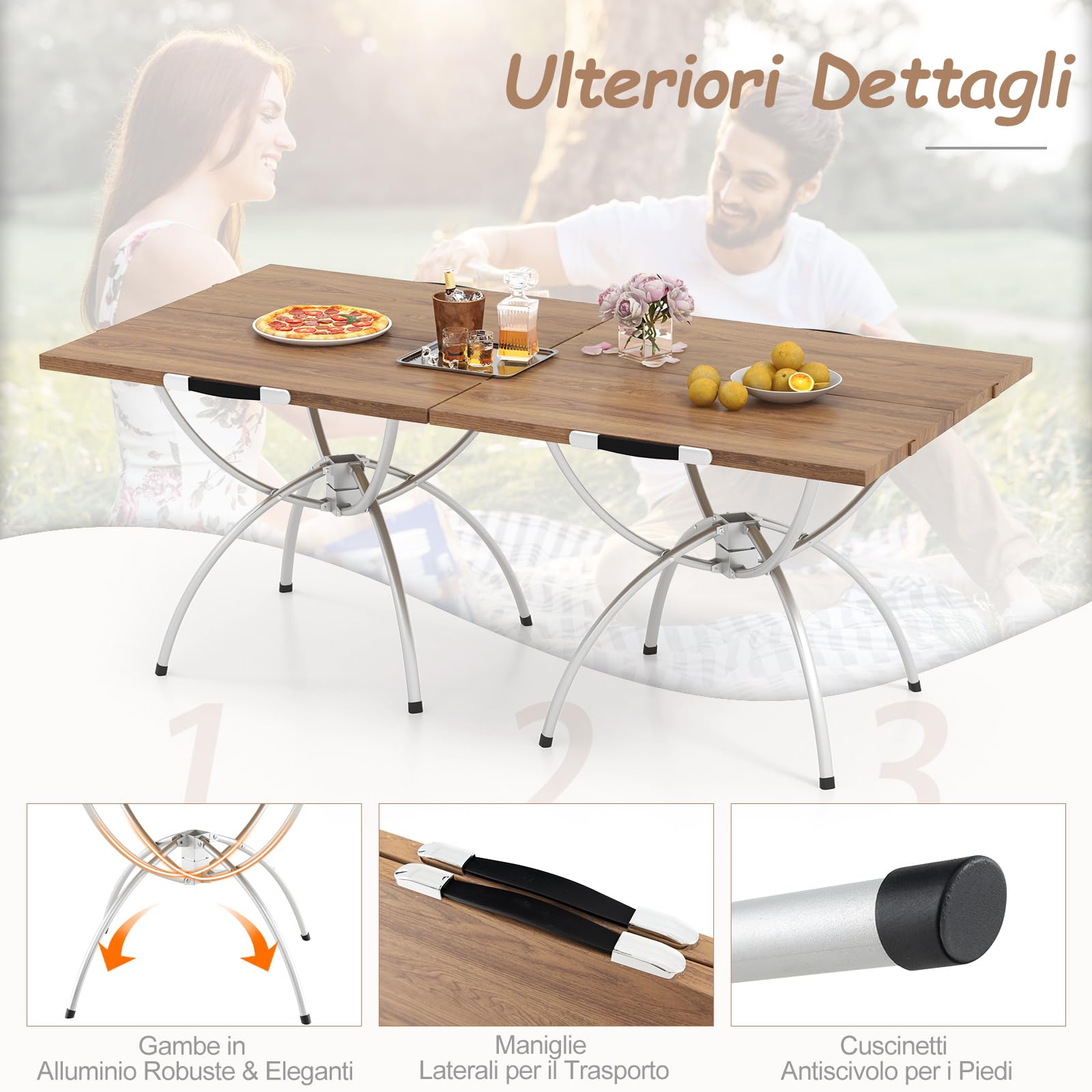 RELAX4LIFE Set 2 Tavoli da Picnic Pieghevoli in Alluminio, Estensibile 120x60 cm, Portatile per Campeggio/Pesca, Piano Finto Legno, Max 25 kg, Borsa Trasporto