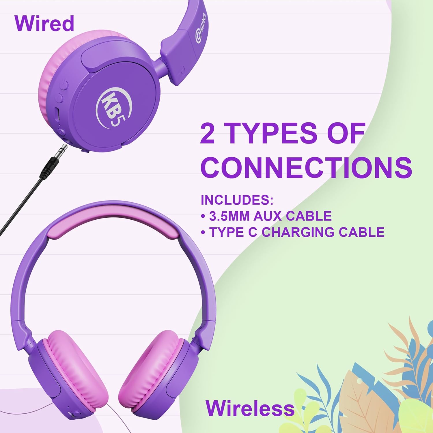 Contixo KB5 Kids Bluetooth Headphones - Wireless Over-Ear Foldable Headphones with Volume Limiter (85dB), Built-in Microphone, Adjustable & Comfortable Design for Boys & Girls - Purple + White