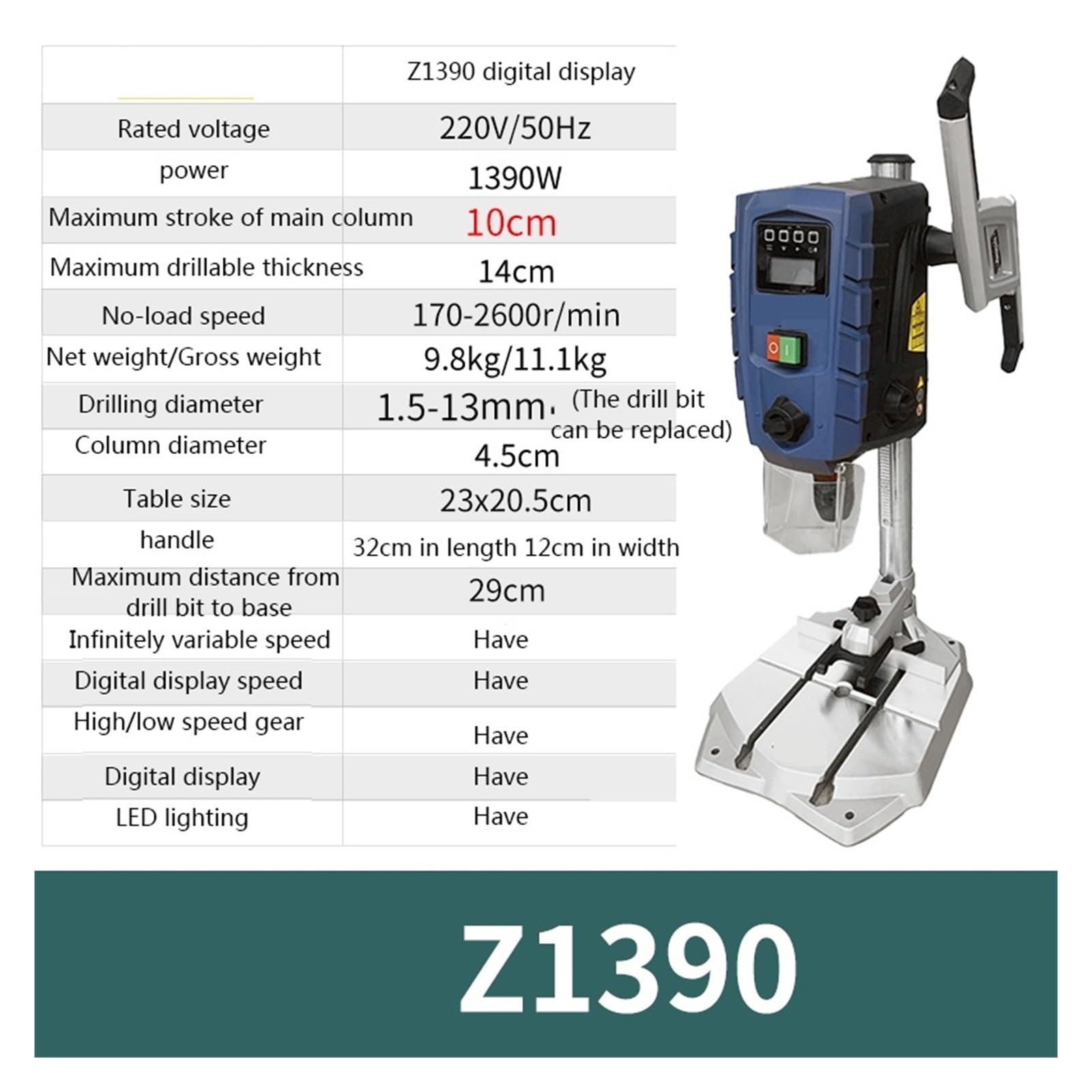 Taladro de Columna, Taladro De Banco Eléctrico For Carpintería, Máquina Perforadora De Banco Con Pantalla Digital Z1390, Velocidad Ajustable, Posicionamiento Por Infrarrojos