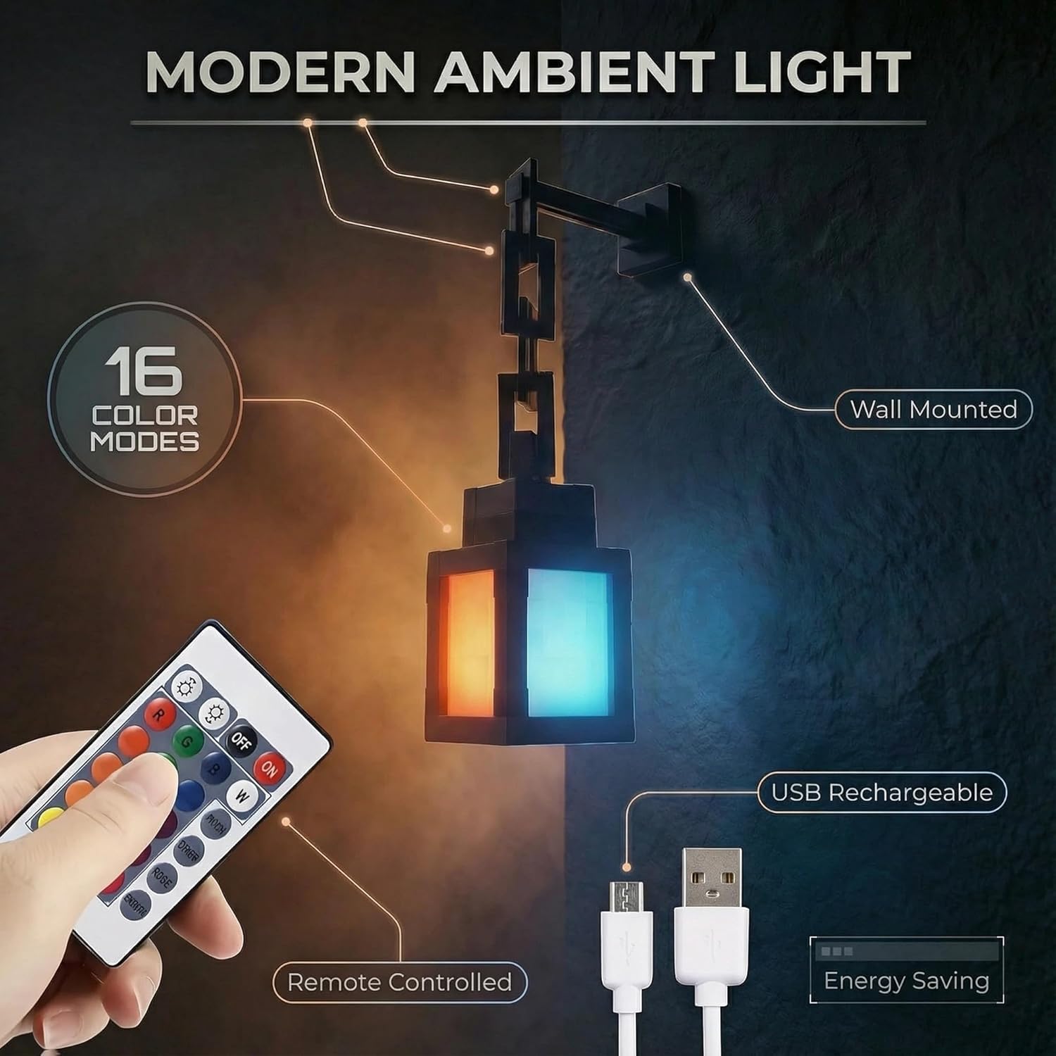 Pixelated Lantern Night Light – 16-Color LED Lamp with Remote Control, Rechargeable Wall or Table Light for Gaming Rooms or Kids’ Bedrooms, Fun Gift for Gamers, Decor for Boys Bedroom 12-15