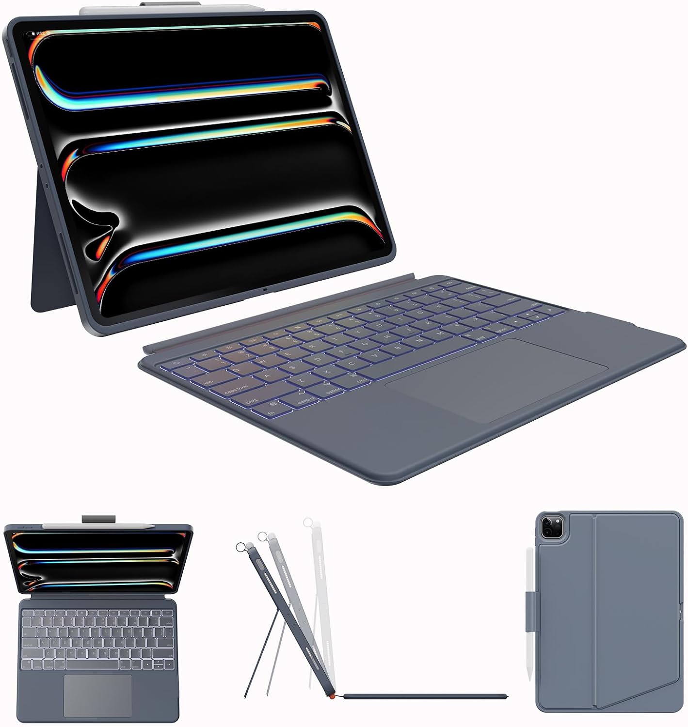 Case with Keyboard for iPad Pro13 M4: Bluetooth Wireless Detachable Magnetic Stand Rechargeable Keyboard with Folio Slim Compact Removable Cover with Trackpad, White Backlit