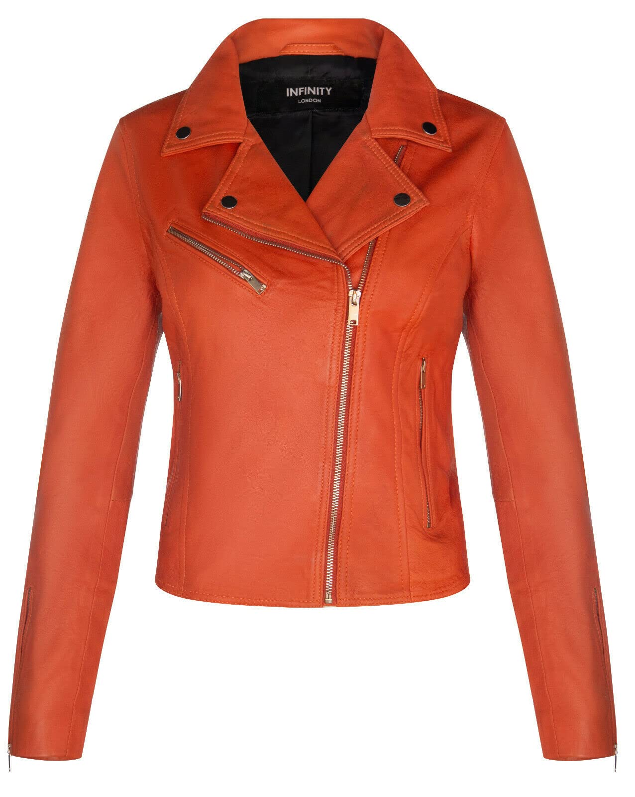 Infinity Leather Women's Orange Leather Classic Biker Brando Jacket-Baku In | : Size 12