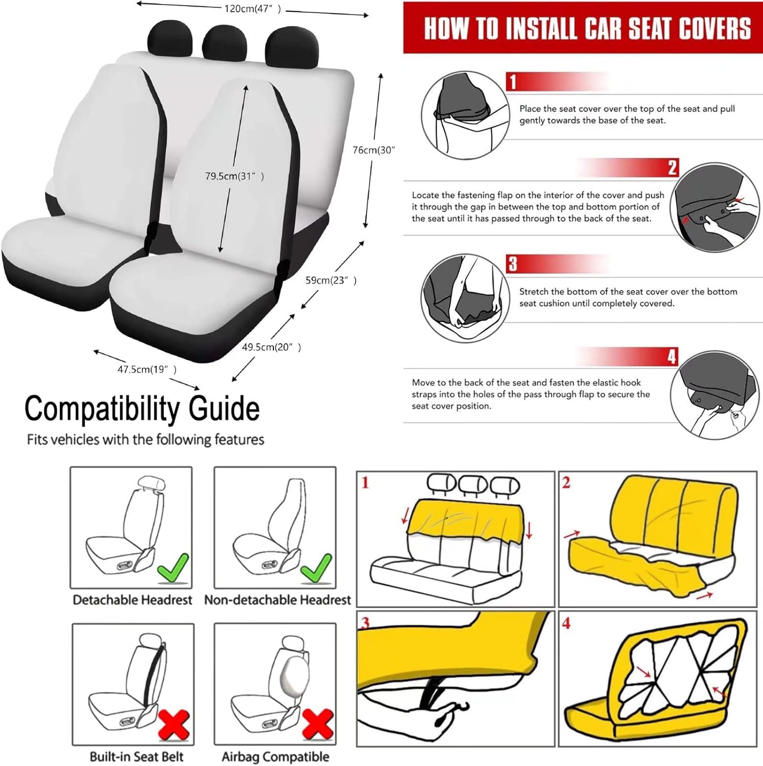 POLERO Star Sun and Moon Car Seat Cover Full Set Vintage Interior Accessories for Auto 12pcs Front and Rear Bench Covers with Armrest Pad
