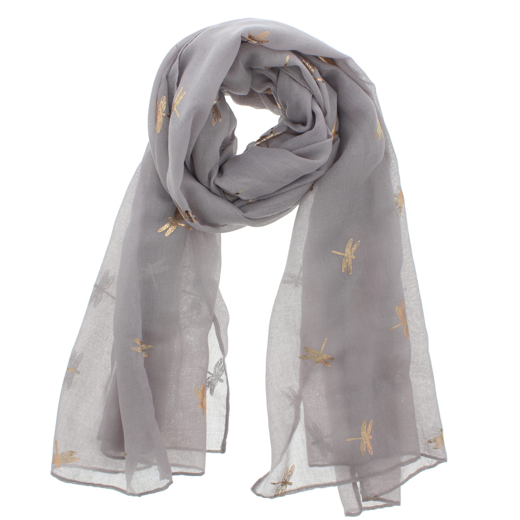 Zac's Alter Ego Women's Grey With Gold Dragonflies Scarf With Rose Gold Metallic Foil Dragonfly Print