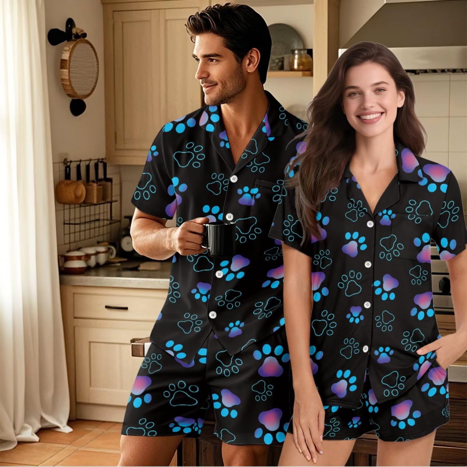 Conjunto de pijama a juego para él y para ella, de manga corta, con botones, para parejas