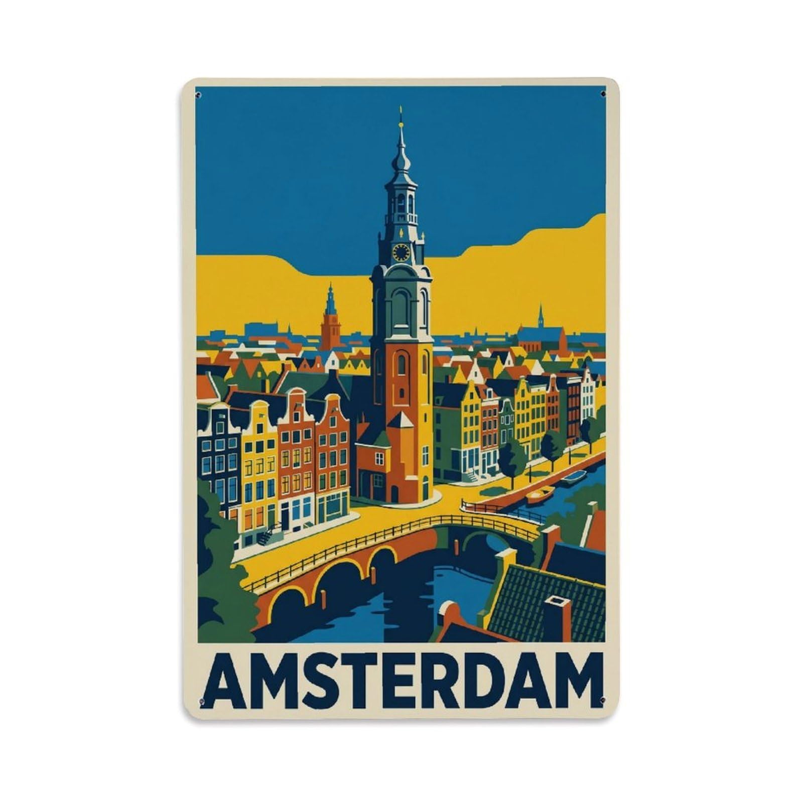 Okngb Style Amsterdam Tower Landmark Classic Travel Architecture Metal Tin Sign Plaque Wall Decor For Cafe, Man Cave, Club Bar, Office, Home Garden Round Metal Poster 8X12inch