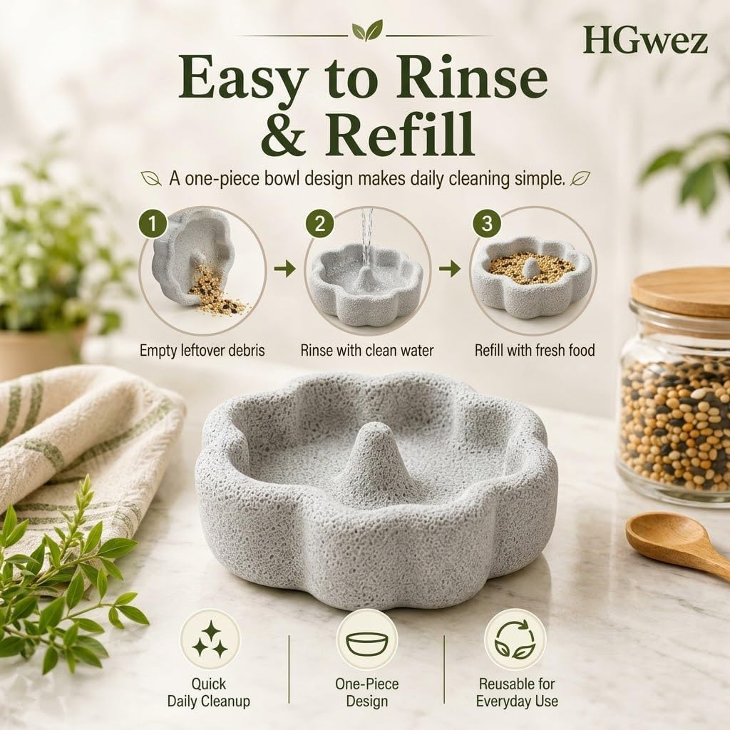 Natural Pumice Bird Food Bowl, Parrot Cage Feeding Dish Water Dispenser | Anti-tip heavy base preventing messy spills, Textured stone gently grooming beaks & claws, Fits Cockatiels & Conures