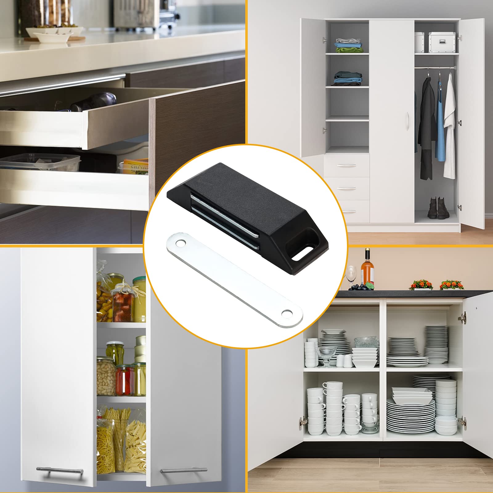Chiusura Magnetica Autoadesiva, 4 Pezzi Senza Foratura per Mobili e Armadietti, Sportelli Magnetici (Nero)