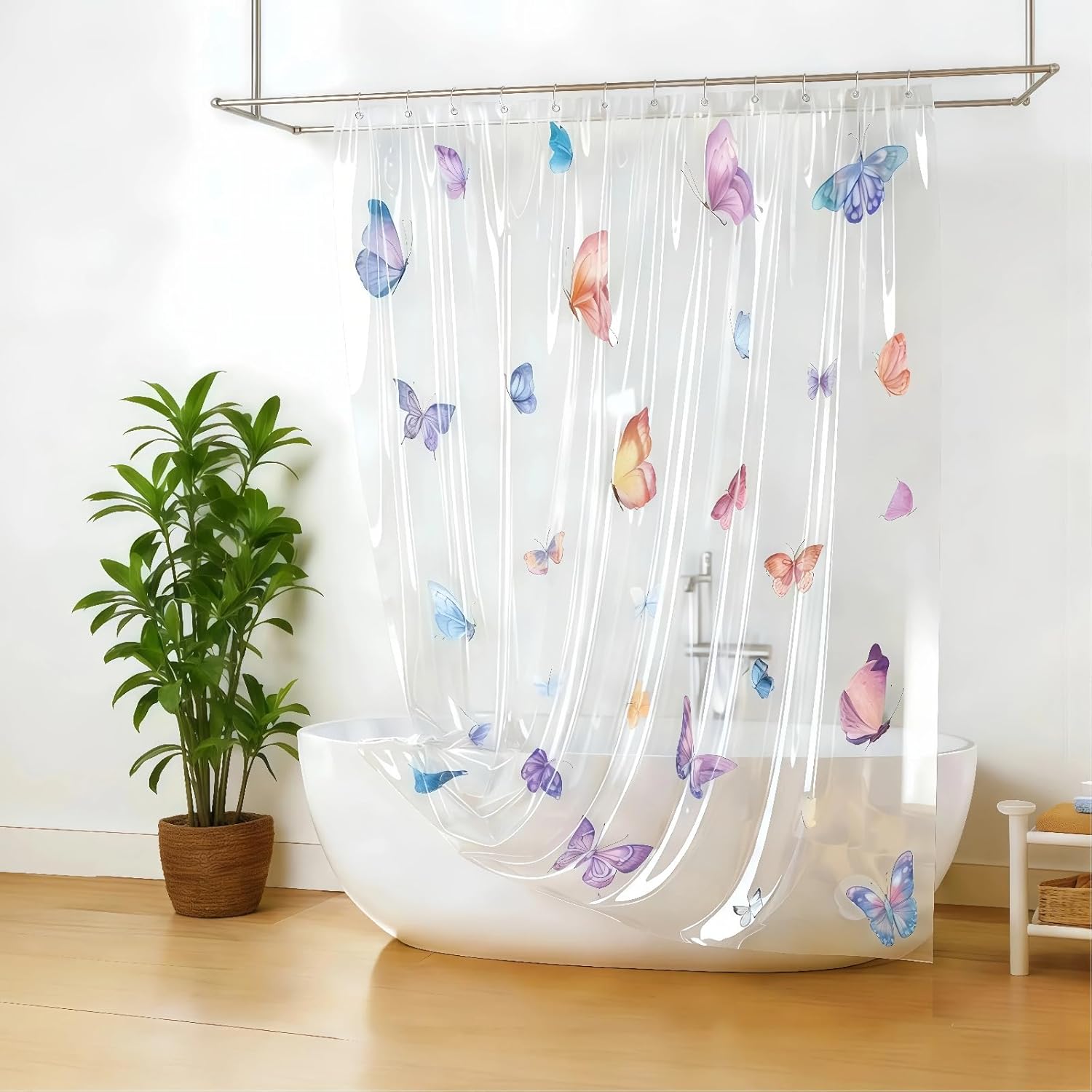 Clear Butterfly Shower Curtain Liner, Colorful Plastic Transparent Pretty Shower Curtains for Bathroom, 72x78 Weighted Magnetic Shower Curtain Set with 12 Hooks