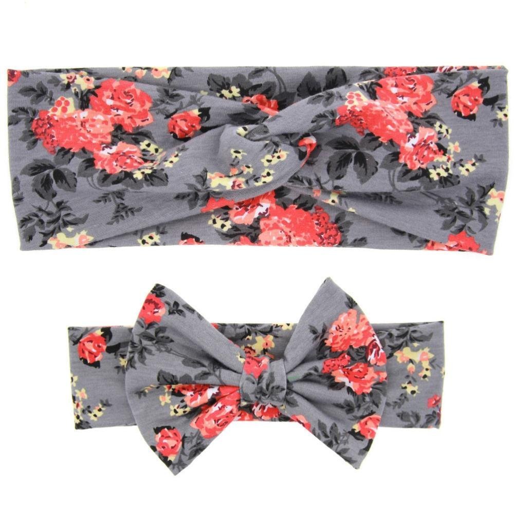Zittop Mom And Baby Rabbit Ears Elastic Bowknot Headband Set (Gray)