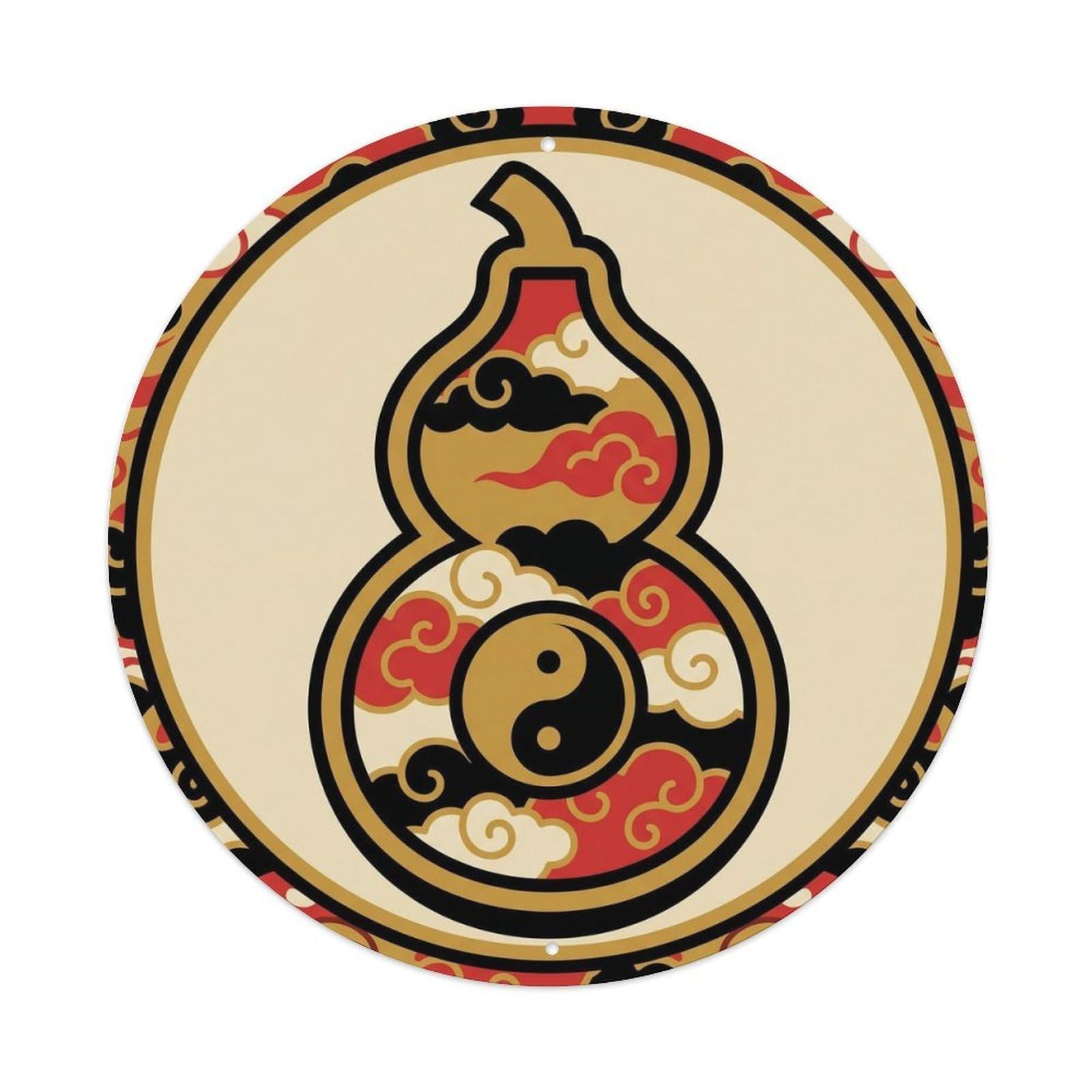 Taoist Gourd Treasure Vase Ritual Vessel Sacred Relic Metal Tin Sign Plaque Wall Decor for Cafe, Man Cave, Club Bar, Office, Home Garden Round Metal Poster 8x8Inch