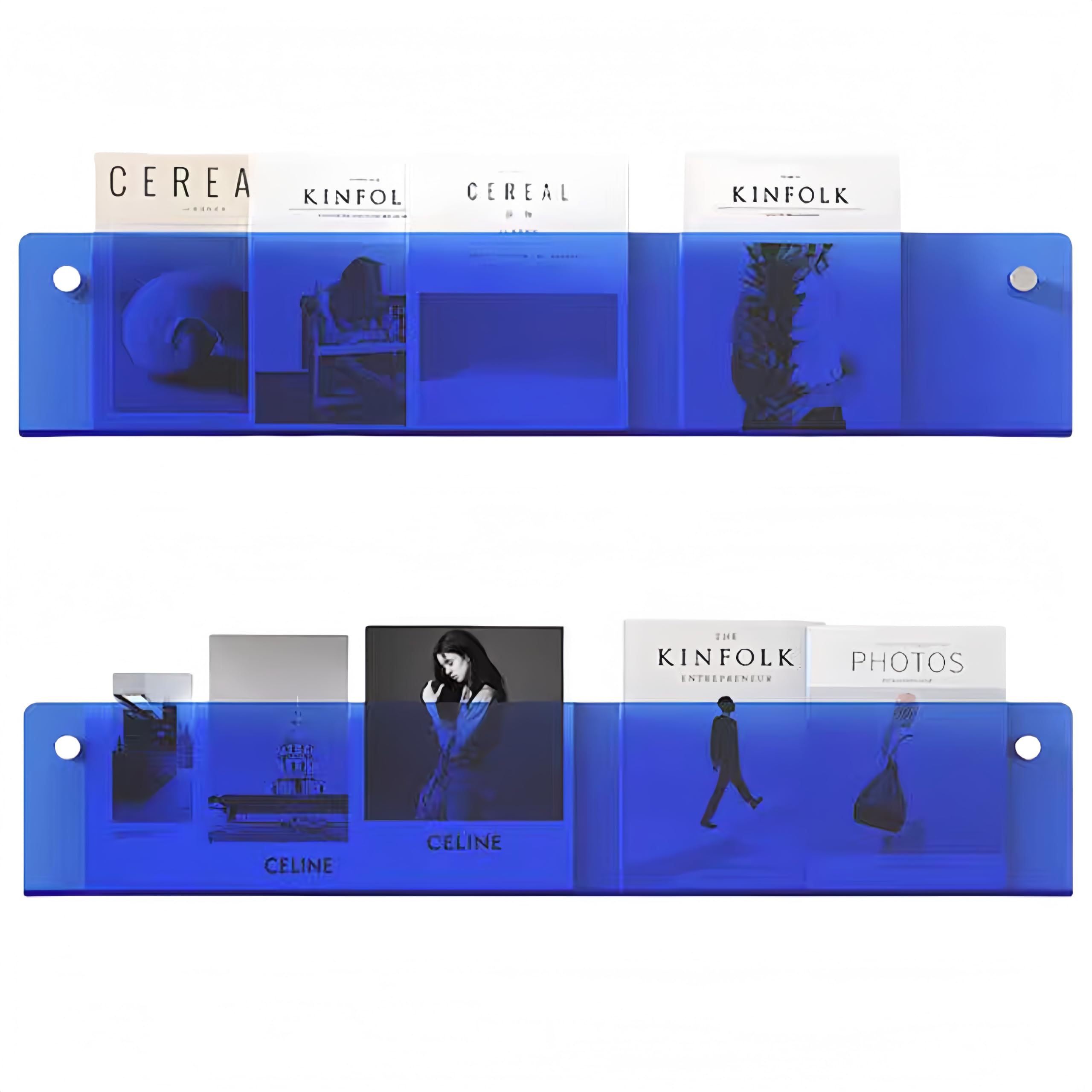 2 Stück Acryl regalZeitschriftenhalter wand,Wand-hängendes Bücherregal für die Ausstellung von Zeitschriften im Wohnzimmer-Büro mit Montagepaket (Blau, 60cm)